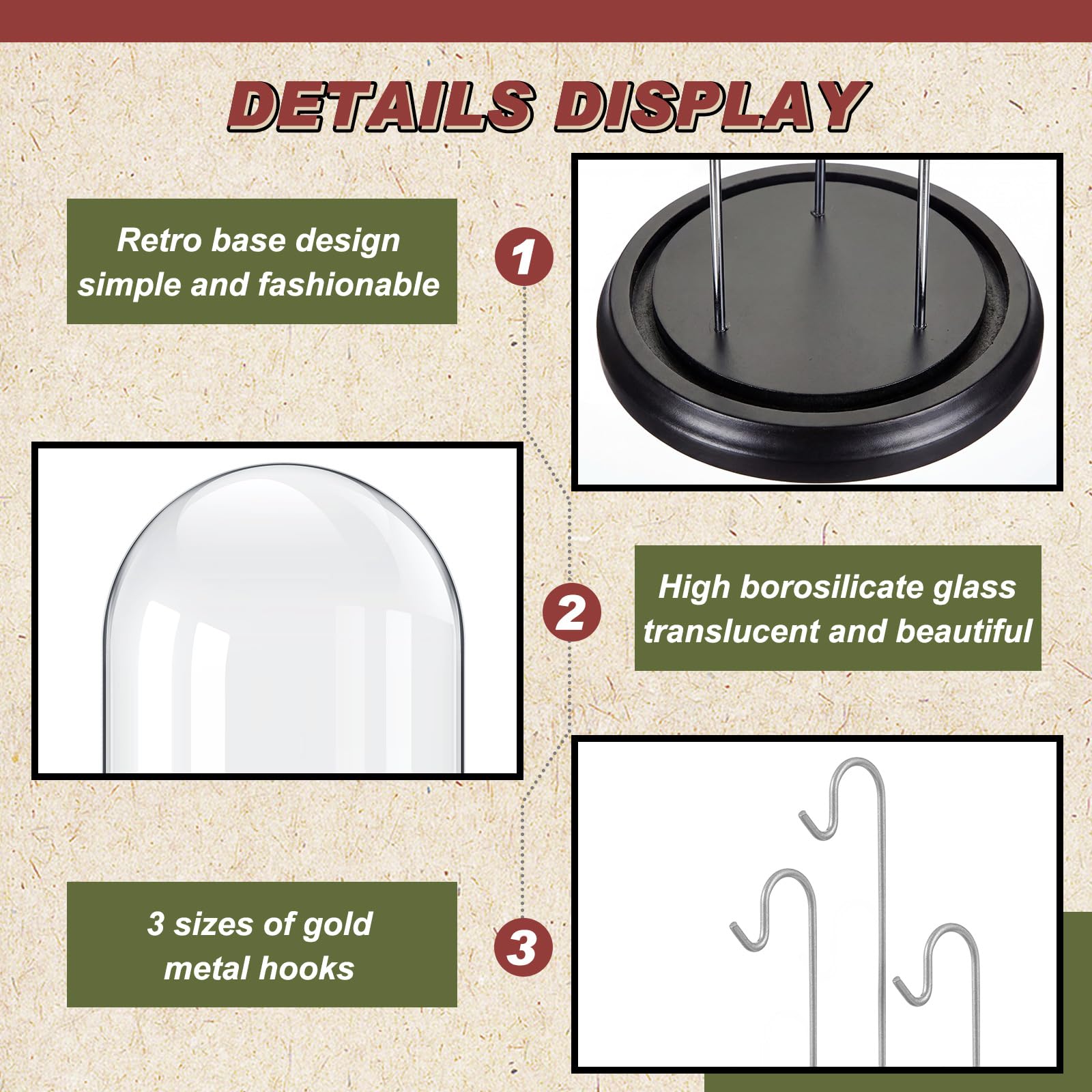 Beeveer Reloj de bolsillo de 4 x 7 pulgadas con cúpula de cristal con 3 ganchos, soporte transparente para reloj de bolsillo, vitrina de cristal con base de madera para adornos, medallas