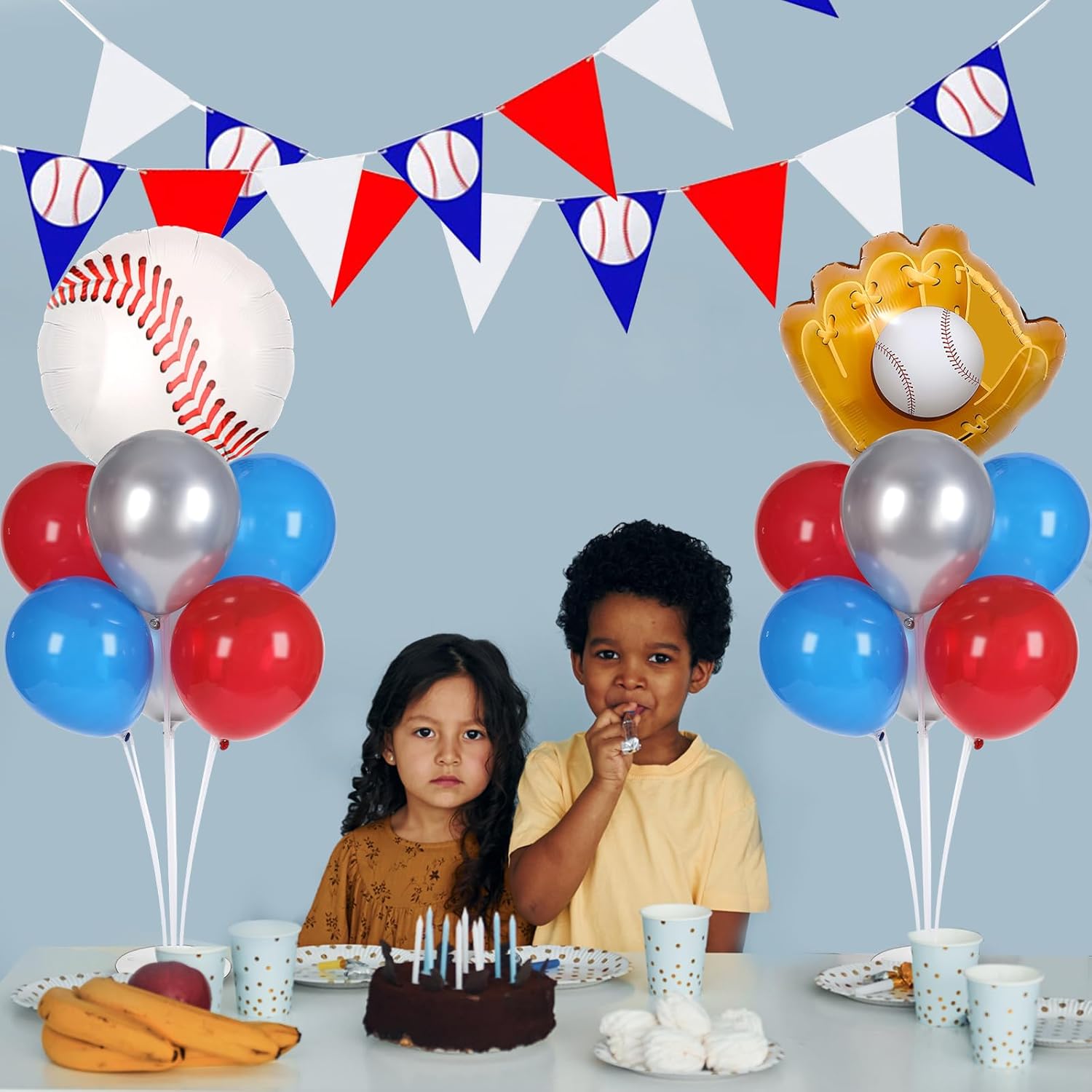 Baseball party Balloons Stand Kit 2 Sets with 2 Baseball Glove Foil Balloons Red Blue Silver Themed Party Balloon Centerpiece for Tables for Men Boys Game Sports Rookie Year 1st Birthday decorations