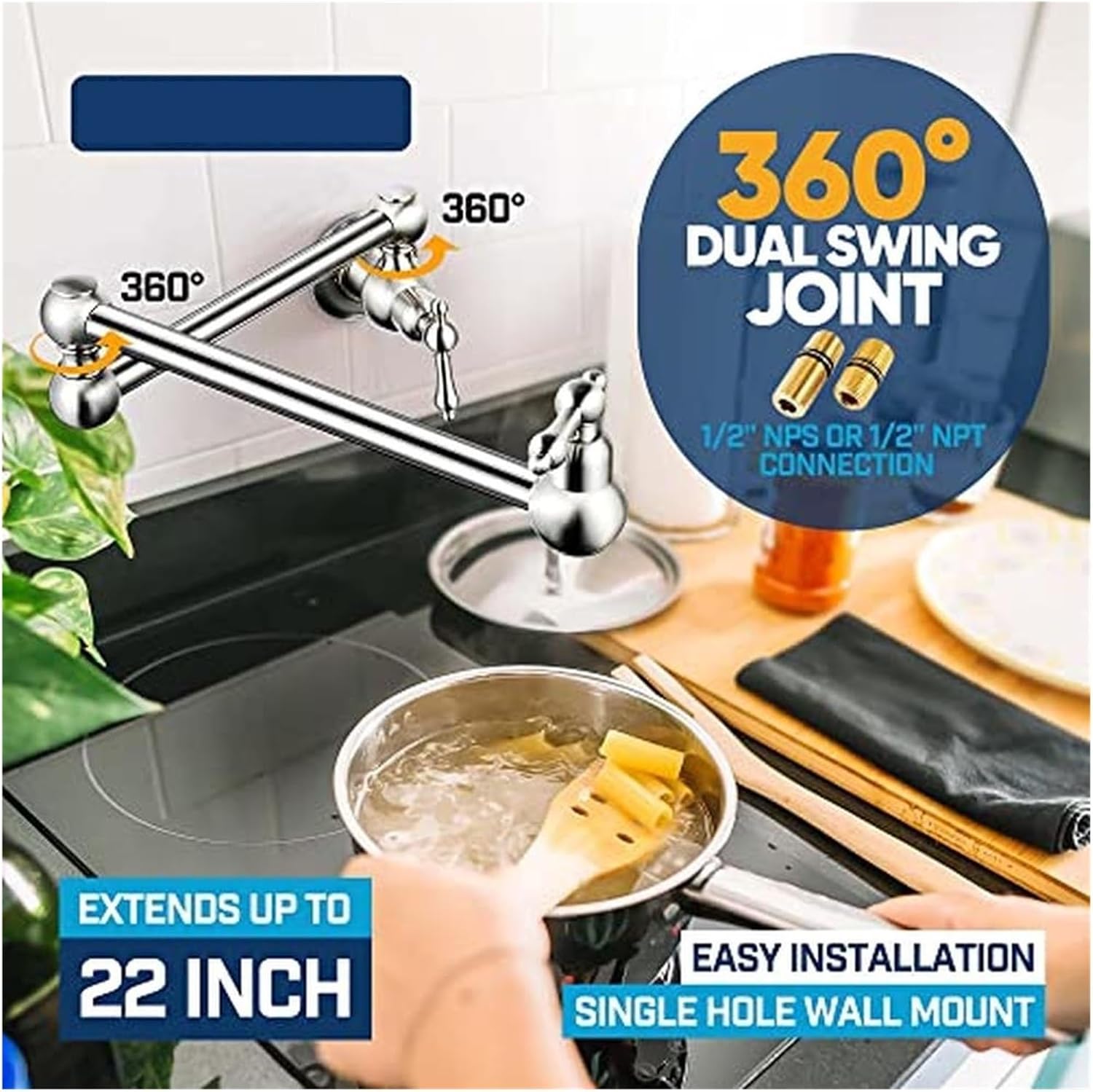 真鍮ポットフィラー蛇口ウォールマウントキッチンシンクストーブつや消しニッケルデュアルスイングジョイント22インチリーチ4 GPMソリ