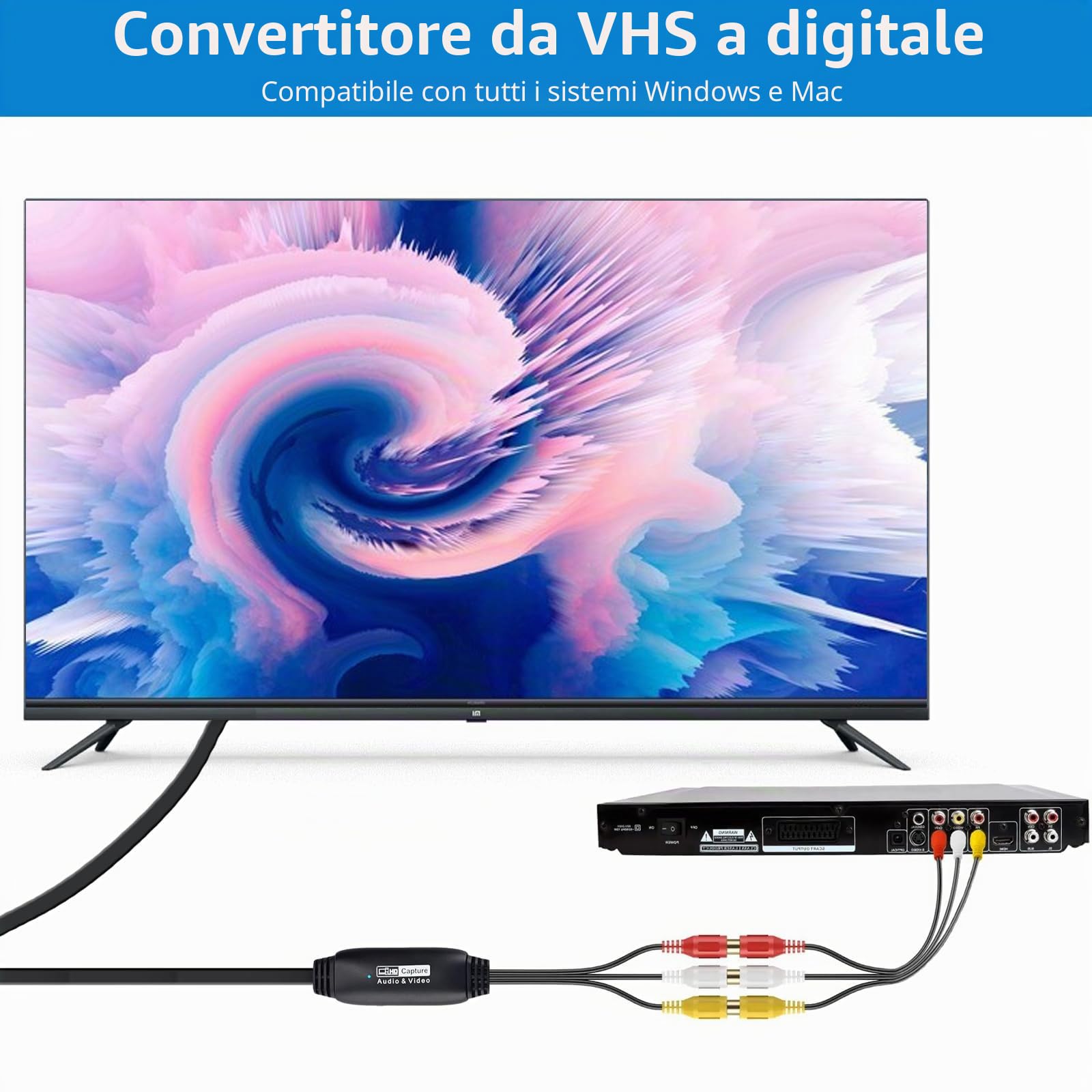 Convertitore da VHS a digitale, scheda di acquisizione video USB 2.0 dispositivo di acquisizione audio e video vecchio VHS Mini DV Hi8 DVD VCR a convertitore digitale Compatible with Windows & MAC