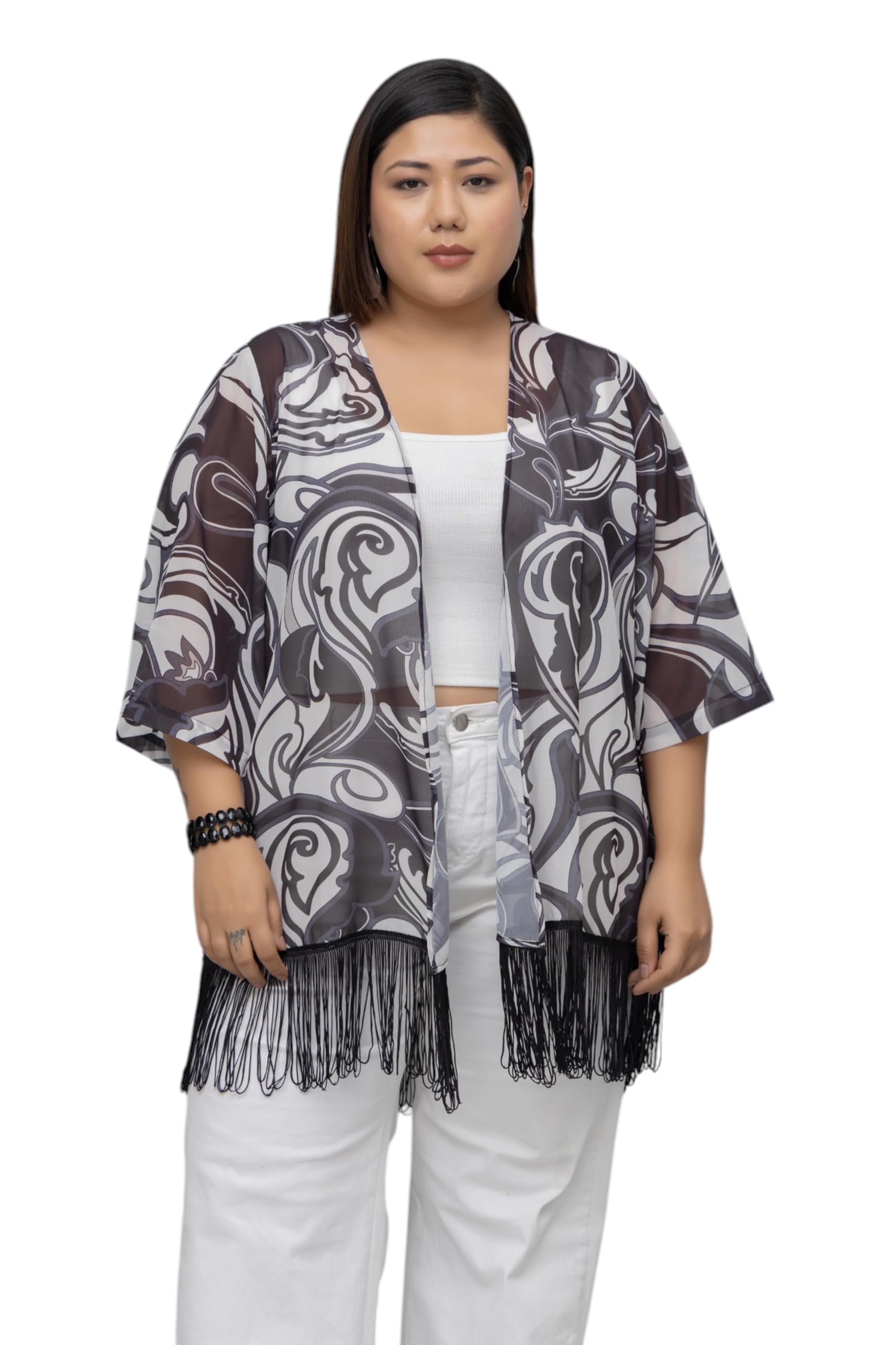 purys Women's Polyester Shawl Neck Shrug Sweater (PL4116SRGBKWT_Black & White-picture-56