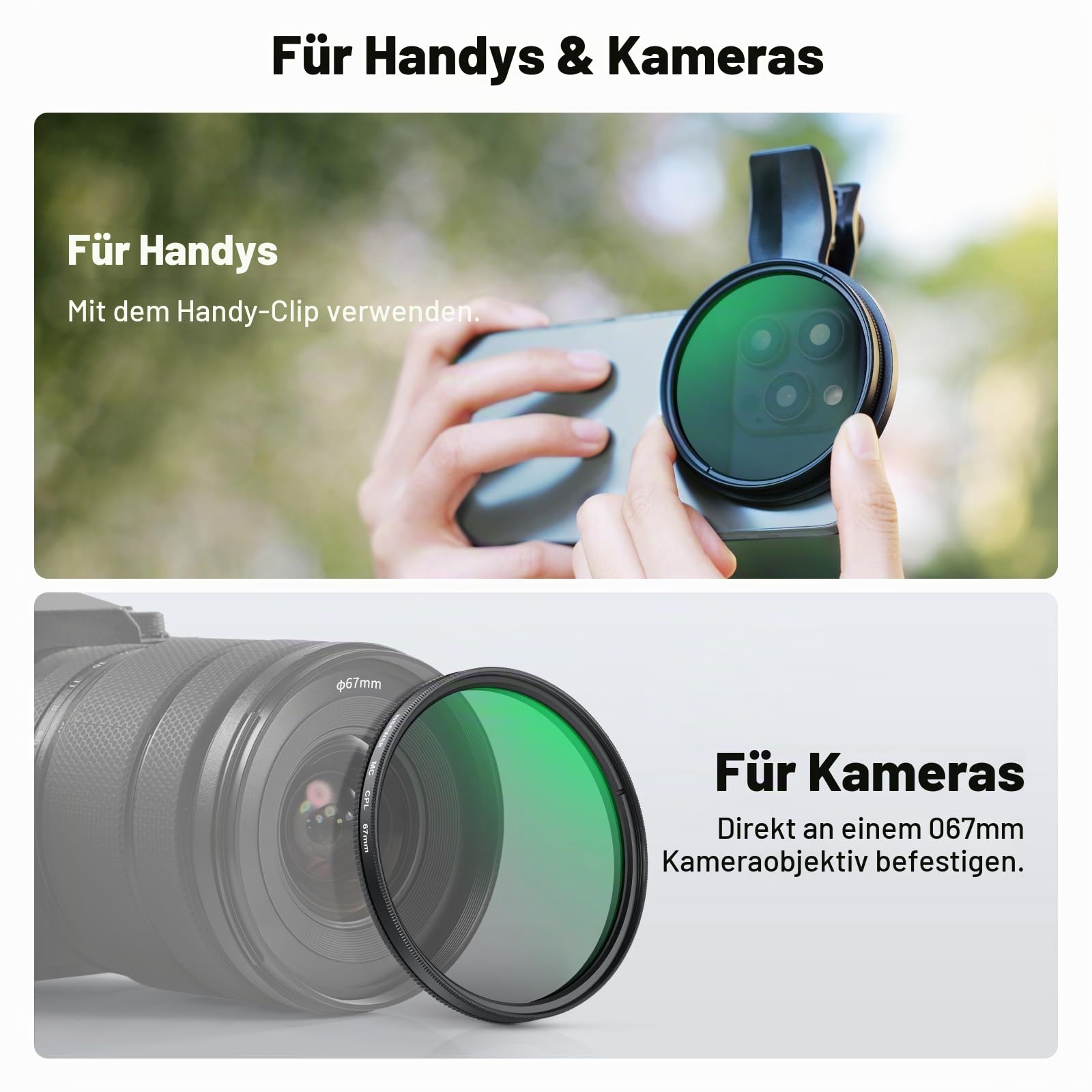 NEEWER 67 mm Clip On CPL Filter, zirkularer Polarisationsfilter für Smartphone Kameras, Fotografie Zubehörset, kompatibel mit iPhone 17, 16, 15 Pro Max Plus, 16e, 14, 13 mini, FL-B23