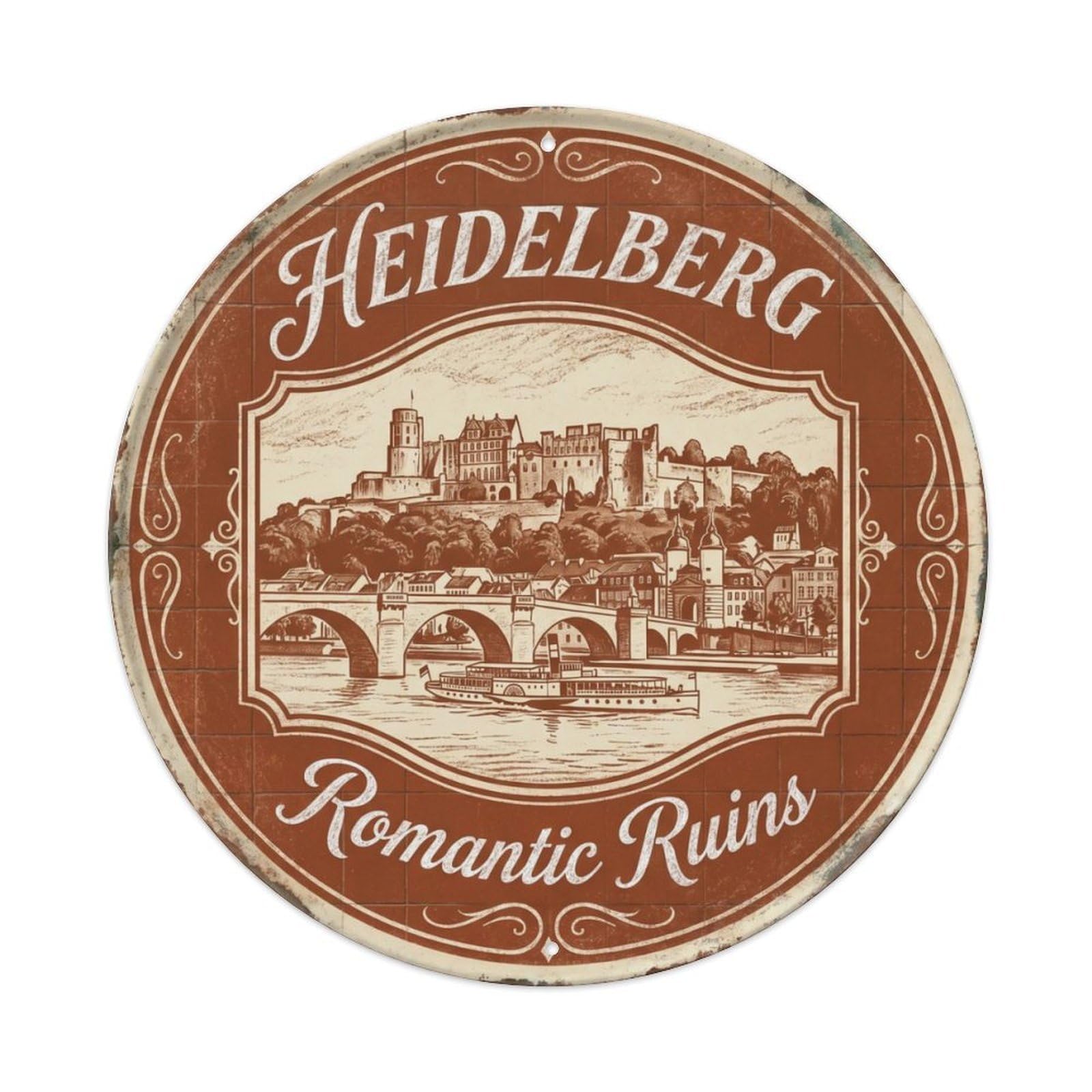 Vintage Travel Heidelberg Germany Fortress Metal Tin Sign Plaque Wall Decor for Cafe, Club Bar, Office, Home Garden Round Metal Poster 8x8Inch
