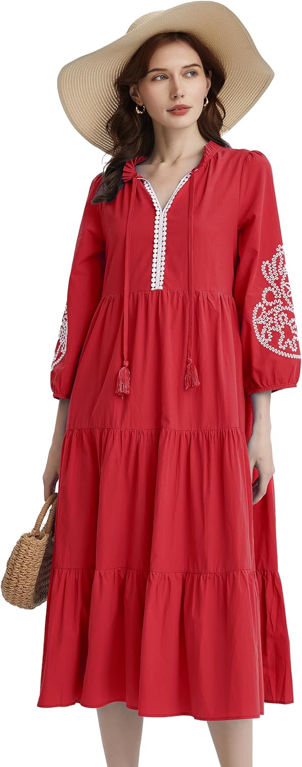 D-Sun Embroidered Maxi Dress for Women Casual Cotton 3/4 Sleeve V Neck Tiered Flowy Fall Maxi Long Dress - Image 7