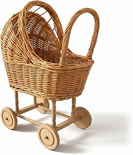 Wicker Carriage,Woven Rattan Stroller Shaped Flower Basket,Natural Willow Branches,Used for Welcoming Infants, Wedding Parties, Home Decor, Floral Decoration 