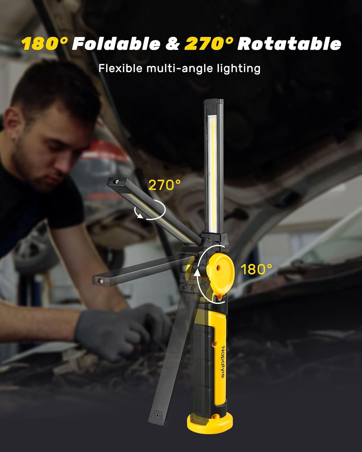 Rechargeable LED Work Light 1200LM, 4000mAh Foldable Magnetic Flashlight with 3 Modes, 270° & 180° Rotation, Portable Mechanic Light for Garage, Car Repair, Camping, Emergency