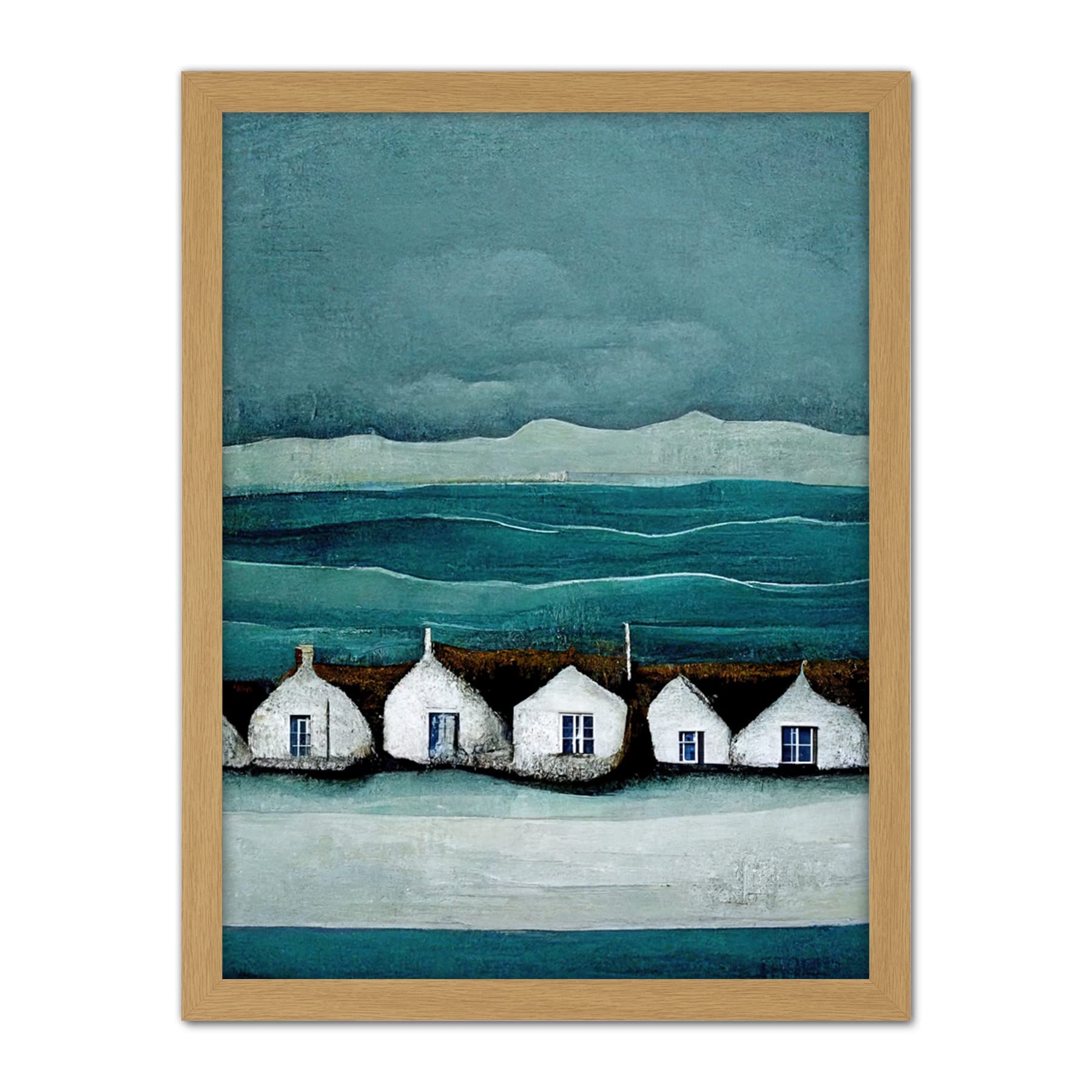 Row Of White Fisherman Cottages Isle Of Jura Artwork Framed Wall Art Print 18X24 Inch