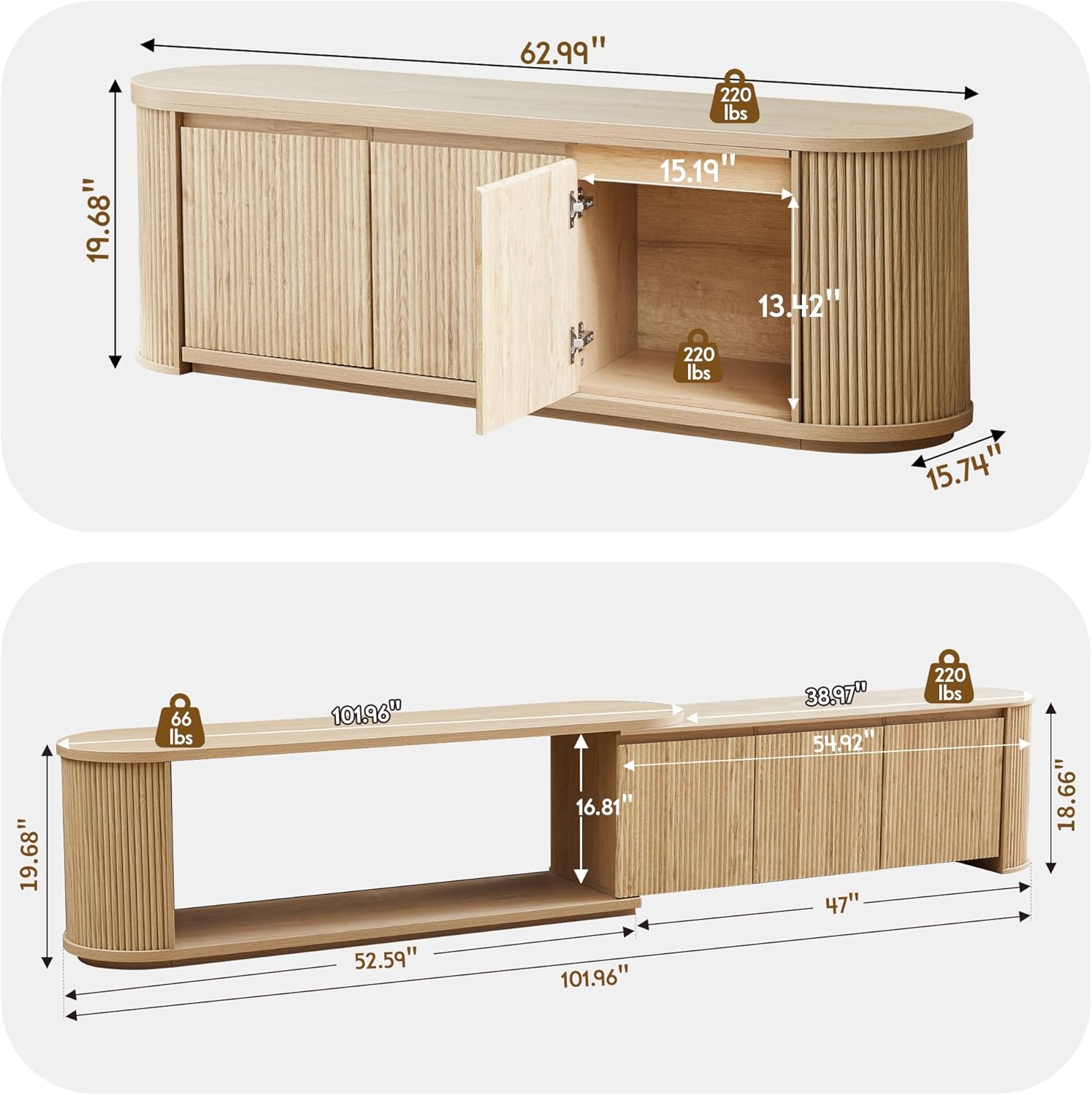 Fluted TV Stand 70 65 60 inch, Mid Century Modern Under TV Stand, Entertainment Center Media Console Cabinet with 3 Door Storage, Low and Long Television Table Stand' for Bedroom,Living Room - Natural