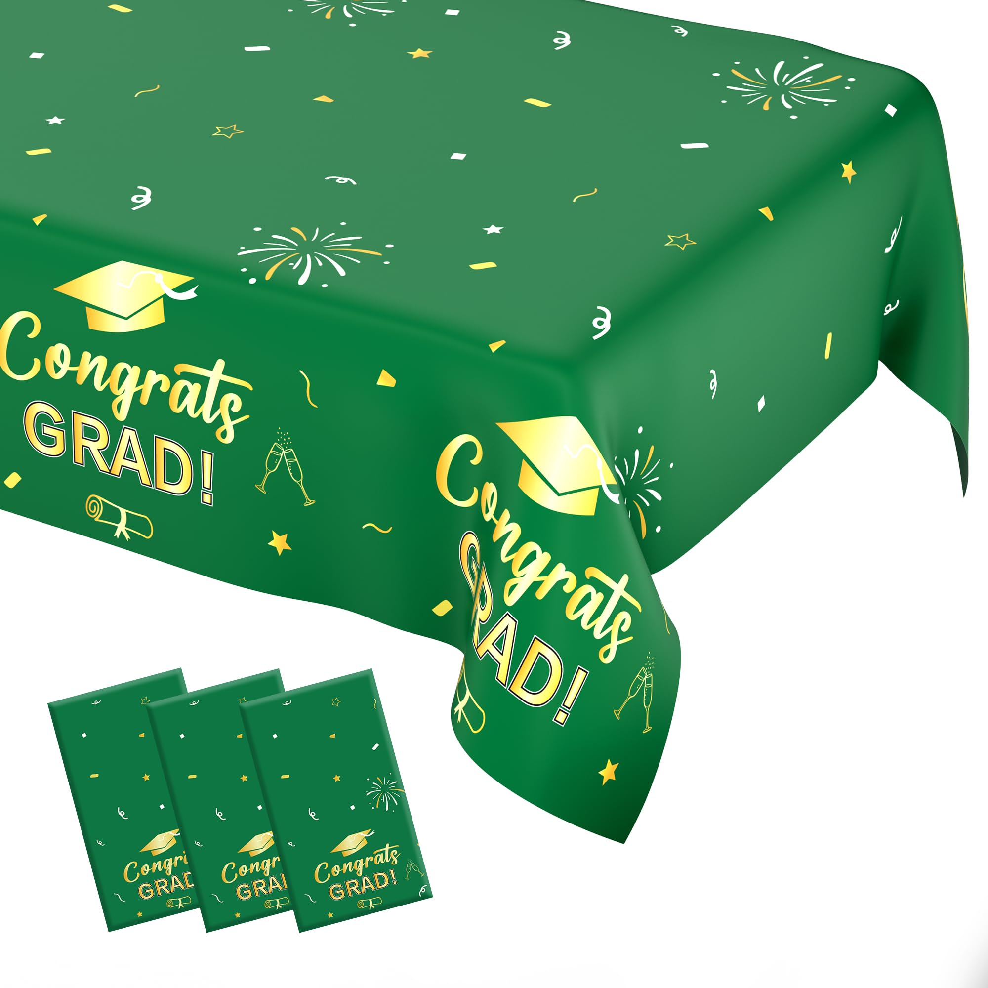 Graduation Tablecloth, Graduation Party Decorations 2025, 3 PCS Green Gold Graduation Table Cloth, 54”x108” Disposable Plastic Congrats Grad Tablecover for Graduation Party Supplies Table Decorations