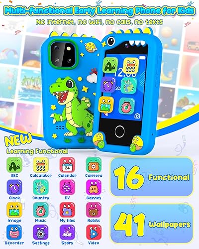 Vista 3 de Juguete de teléfono inteligente para niños y niñas de 3 a 8 años, sin Internet/llamadas, cámara HD, reproductor de MP3, juegos de aprendizaje, Azul