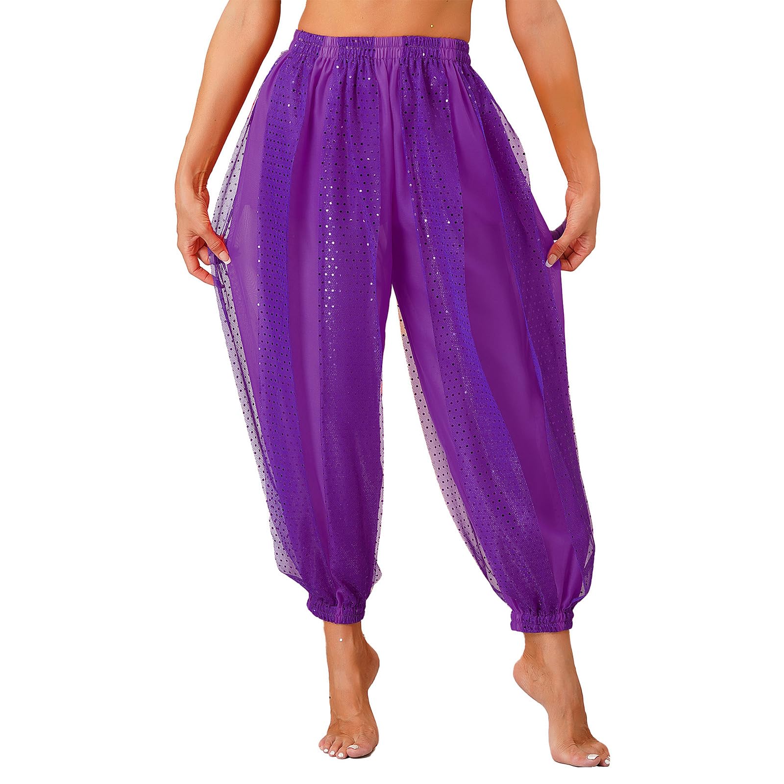 YEAHDOR Women Belly Dance Costume Harem Pants Sequines Dots Yoga Pants Indian Arabic Bloomer Trousers Purple One Size