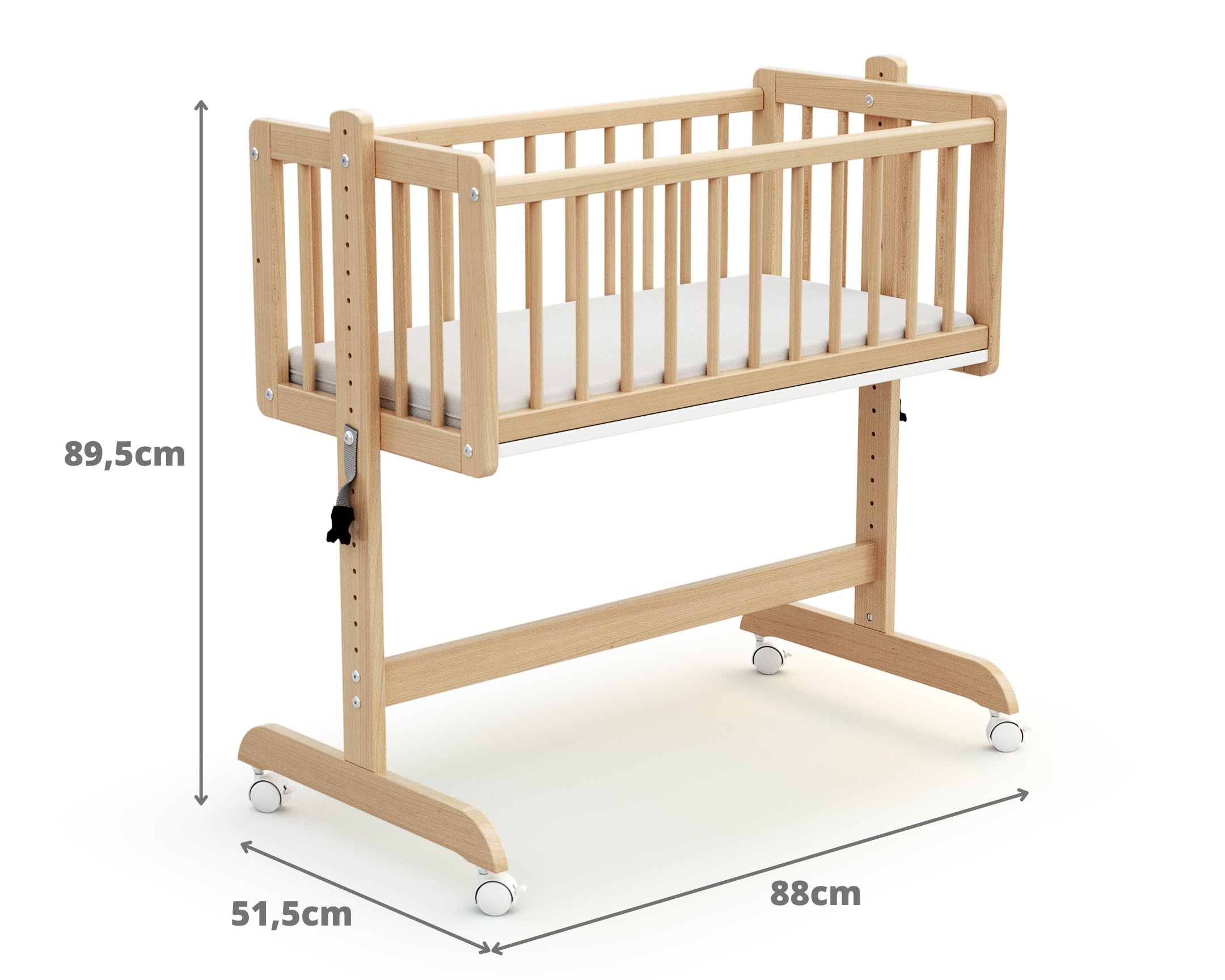 AT4 - Weige Babybett Beistellbett Holz mit Matratze Essentiel Lackierte Buche | 5 in 1 Wiege |Holz | Babybett mit Matratze | Höhenverstellbar | 80x40cm