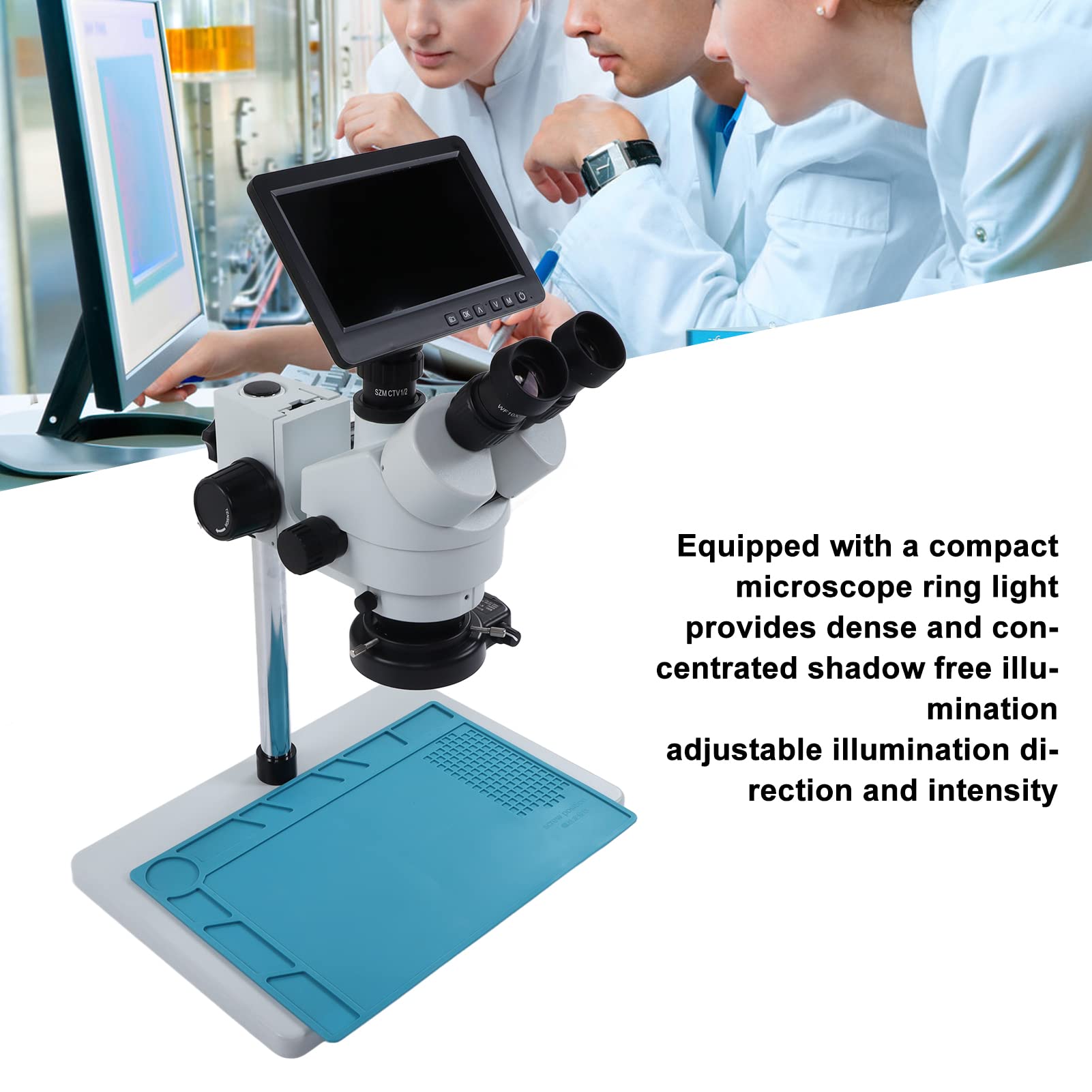 Microscopio Trinoculare Digitale, Stereomicroscopio Trinoculare in Vetro Ottico, Schermo LCD 7 Pollici, Luce Anulare, Alta Precisione per Semiconduttori (Spina europea)