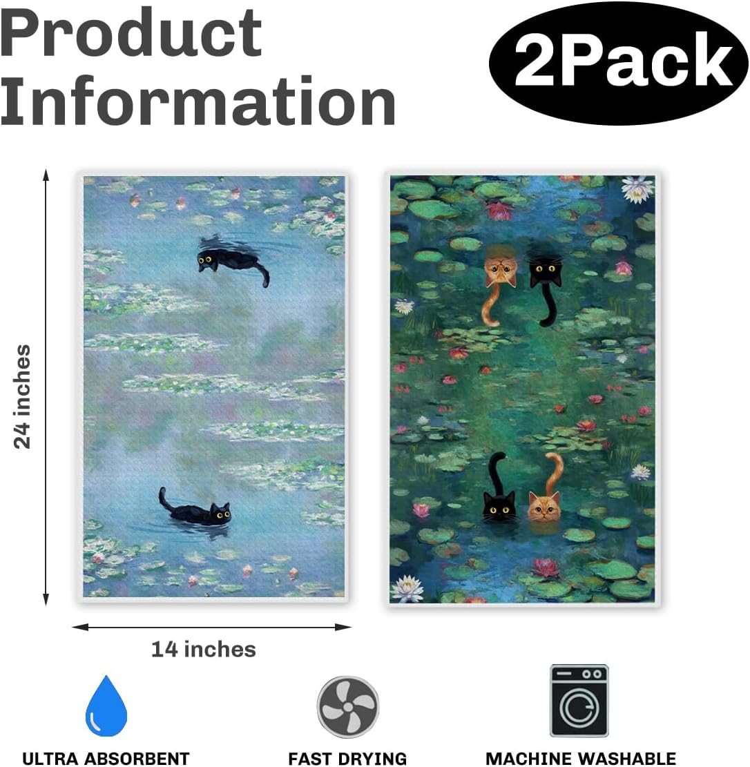 2Pcs Black Cat Cute Kitchen Towels Summer Kitchen Towels Cat Lover Gifts Aesthetic Funny Dish Towel for Bathroom Home Office Farmhouse Apartment Stove Oven
