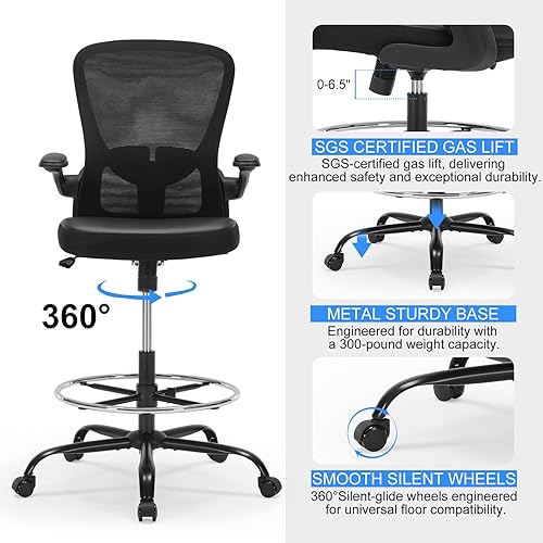 Miniatura 9 de Silla de dibujo ergonómica, silla de escritorio de pie con soporte lumbar, silla de oficina alta con brazos abatibles, reposapiés, silla de