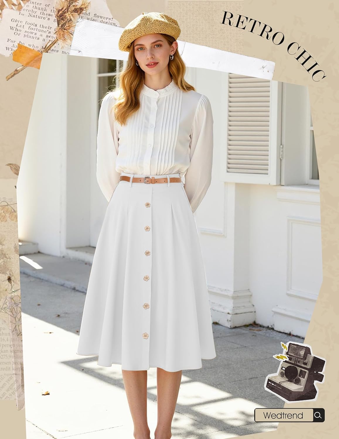 Wedtrend Vintage Skirts for Women Pleated Midi Skirt Button Down Work Skirts A Line Skirt with Belt&Pockets - Image 5