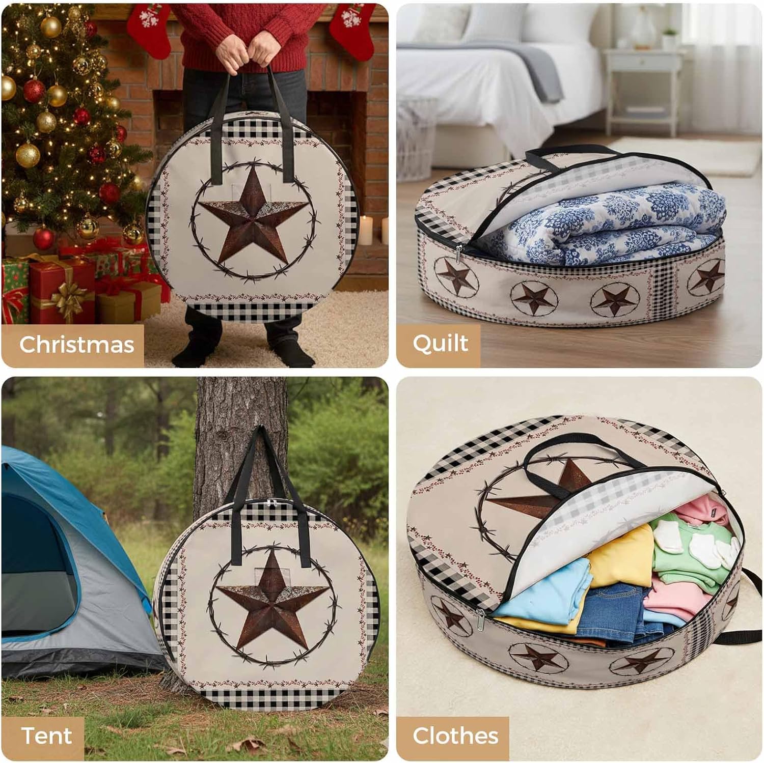 American Country Round Storage Bag 36 Inch, Star Farmhouse Beige Black Buffalo Plaid Clothes Storage Container with Handles Heavy Duty Organizer for Comforter, Bedding & Holiday Wreaths