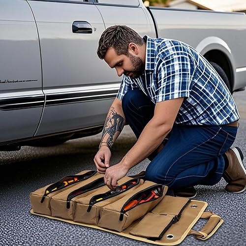 Miniatura 6 de Bolsa de herramientas enrollable, organizador de herramientas portátil resistente con 2 bolsas desmontables y 4 compartimentos, rollo de