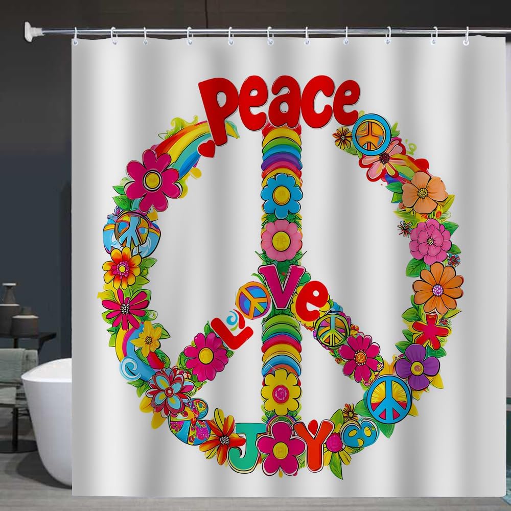IBILIU Peace Symbol Shower Curtains for Bathroom 60X72 Inches,Peace Sign Hippie Flower Love Joy Polyester Fabric Shower Curtains with 12 Hooks