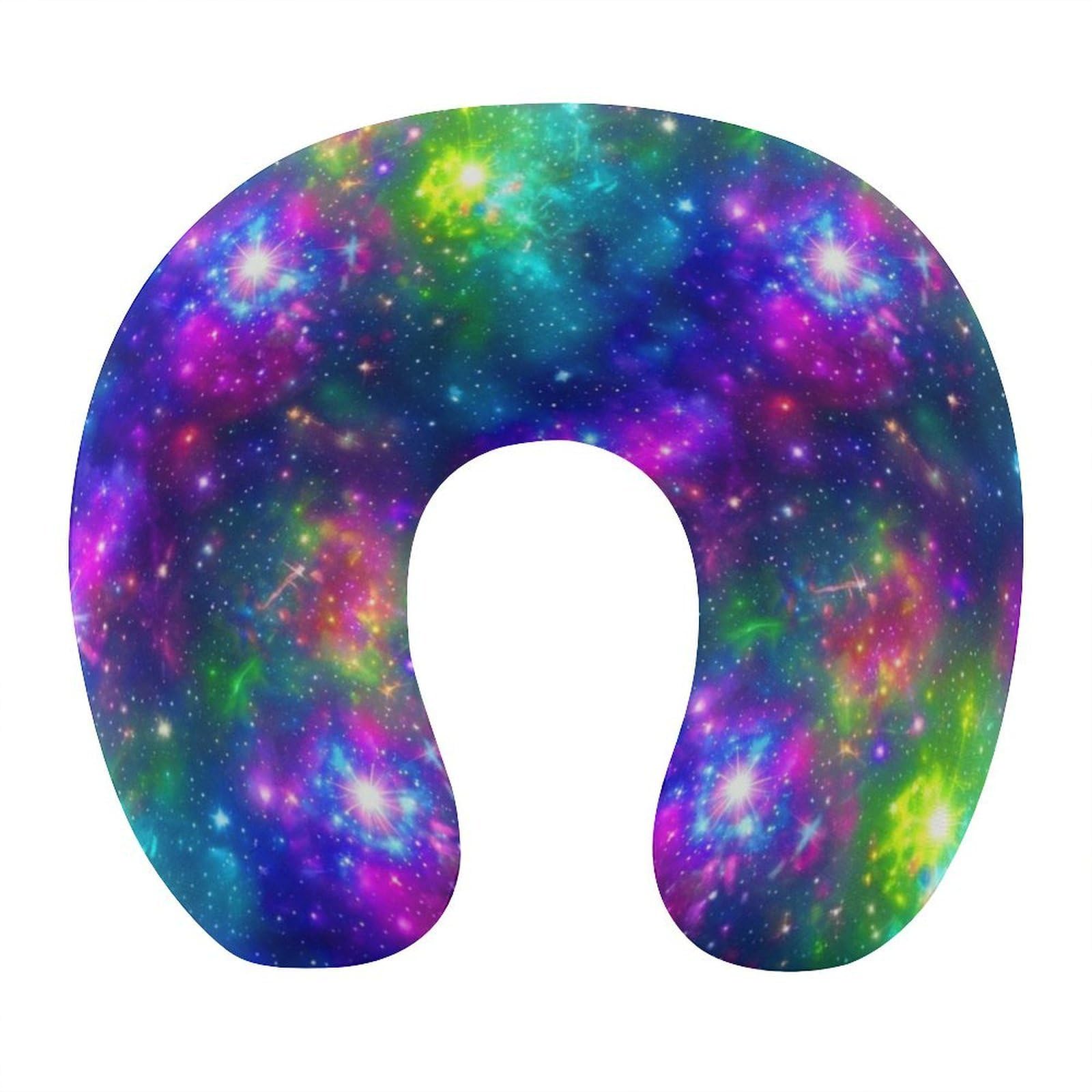 Cute Decorative Travel Neck Pillow Memory Foam Chin Cushion Colorful Galaxy Nebula, Washable Cover for Women Airplane Car Home Sleeping Rest
