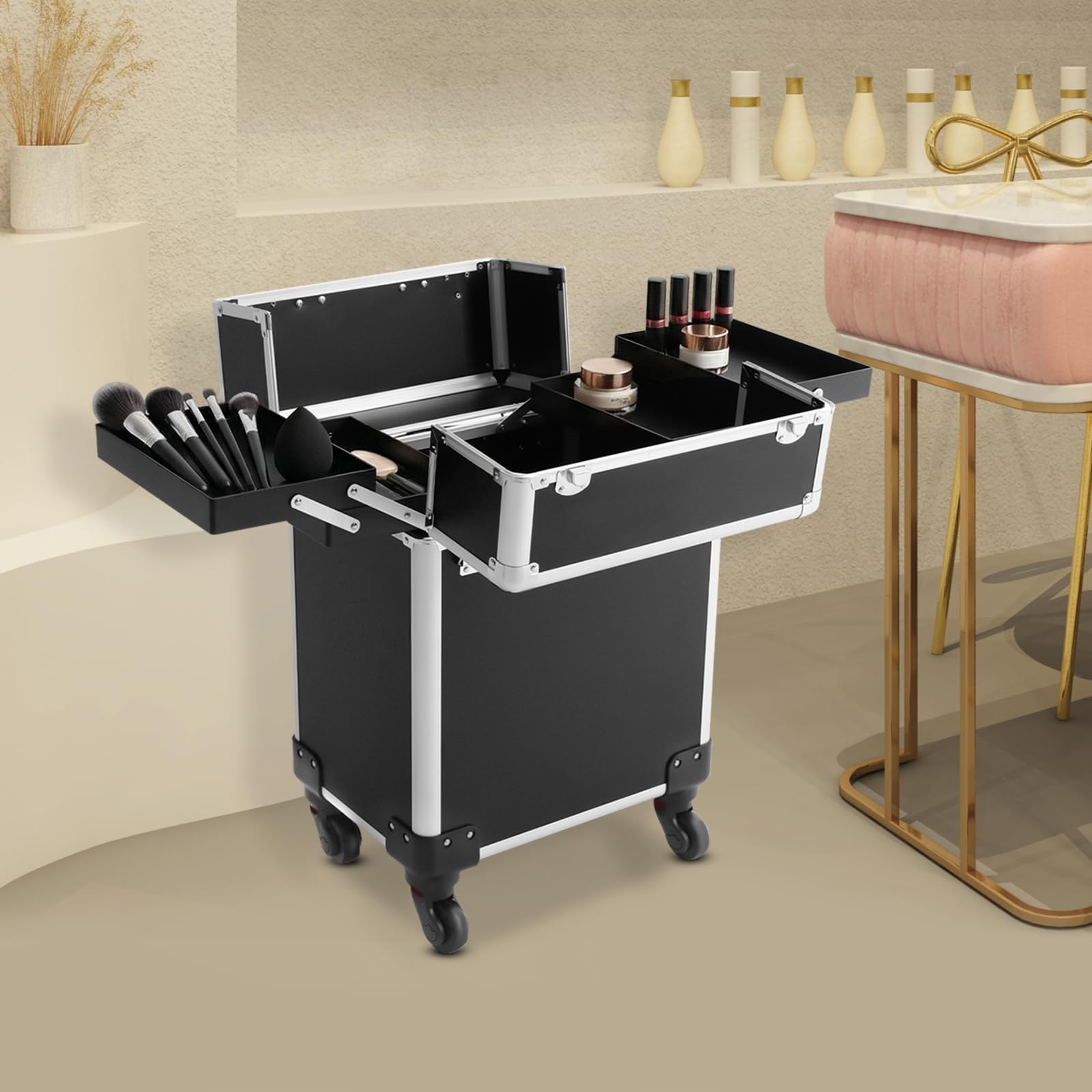 Kosmetikkoffer Trolley, Make-up Koffer mit Rollen, 4-in-1 Schminkkoffer 34x24x47cm Abschließbar Multikoffer Friseurkoffer, Beauty Case für Visagisten Nageltechniker Reisen