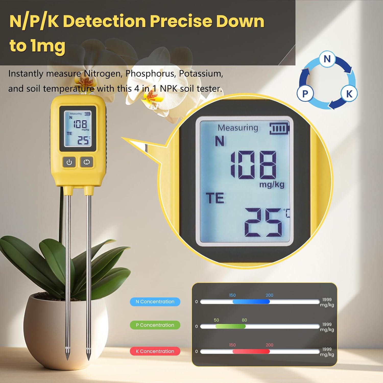 4 in 1 Digital NPK Soil Tester with LCD – High Accuracy Soil Testing Tool for Nitrogen, Phosphorus, Potassium & Temperature in Gardening, Lawn, Farming & Greenhouse
