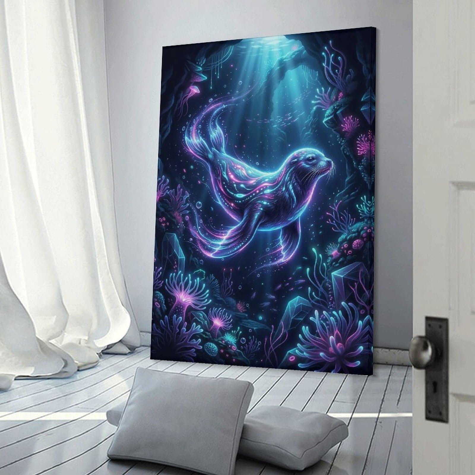 Junmoney Bioluminescent Seal in Underwater Cave Wall Art Print, 24x36inch(60x90cm), for Entryway, Lounge Links Or Small Walls, Decorative Canvas Styling for Entry Areas