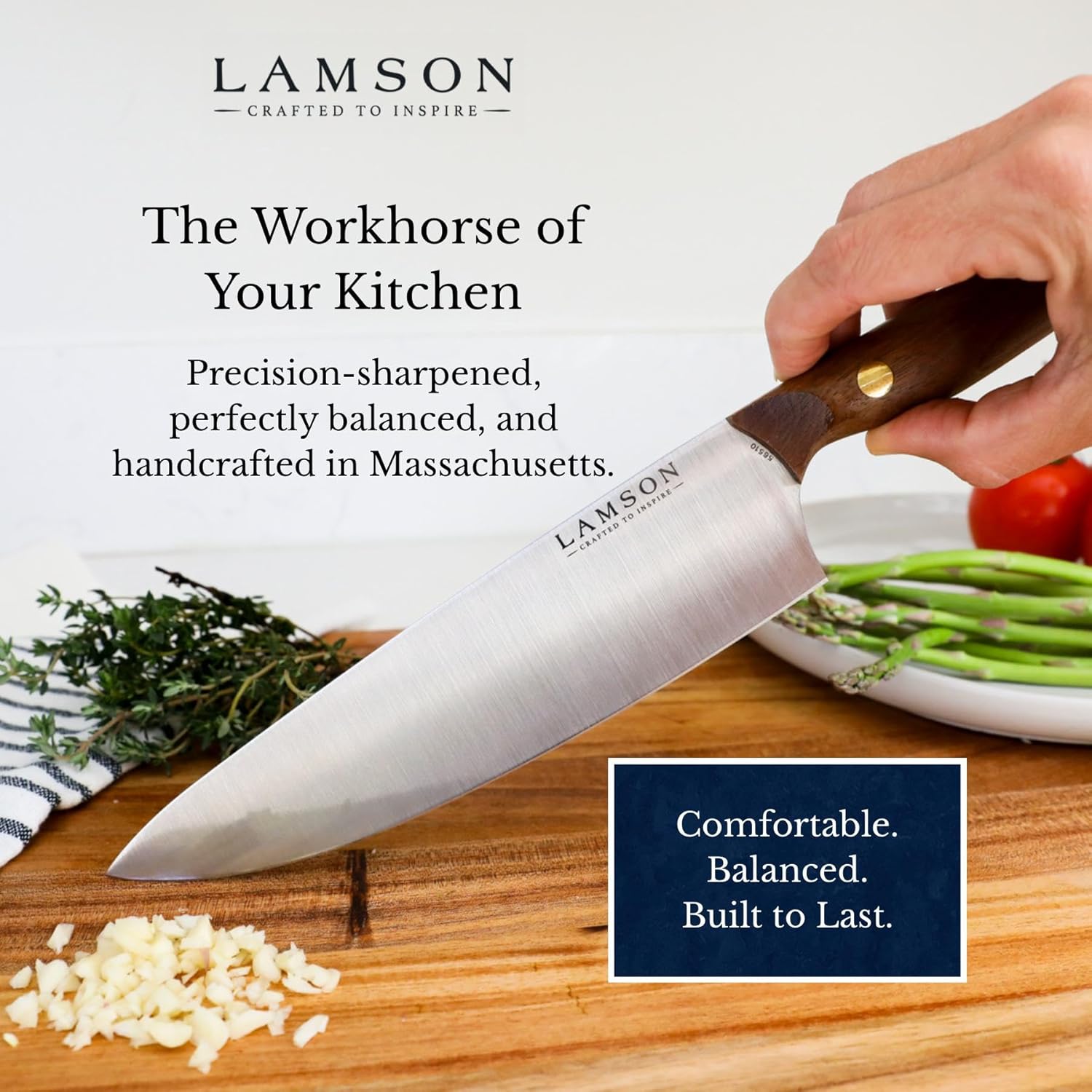 Lamson Vintage 8" Chef's Knife, Hi-Carbon Stainless Steel Blade, Double Riveted for Balance, Ideal for Dicing, Slicing & Chopping, Kitchen Knives - Walnut Handle