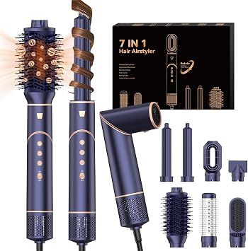 7 in 1 Hair Air Styler 110,000RPM High-Speed Ionic Hair Blow Dryer with Auto Curling Wands 7 Styling Tools Hair Styler Hot Brushes for Styling Hair Curler Hairbrushes Hairdryers Women Gift Set, Blue