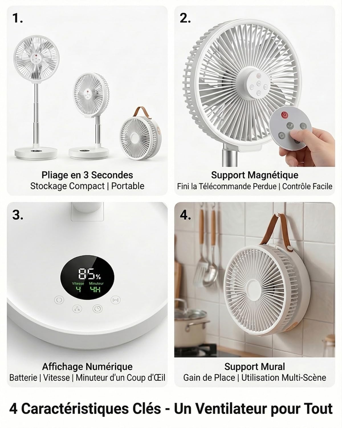 Ventilateur sur Pied Portable 10 Pouces Rechargeable, Moteur Sans Balais, 6 Vitesses, Oscillation 90°/180°, Hauteur Réglable, Minuterie 4 Modes, Télécommande Magnétique, Lumière d’Ambiance