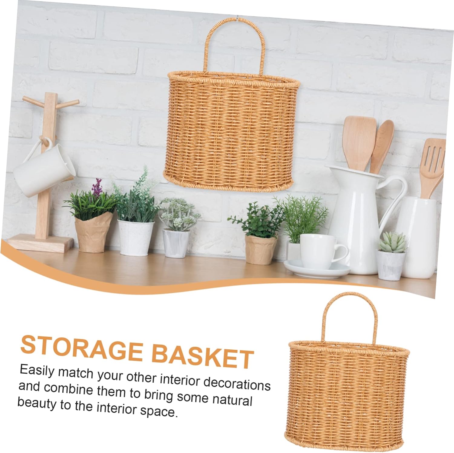 Woven Hanging Basket with Handle, Plastic Wall Storage Basket for Home