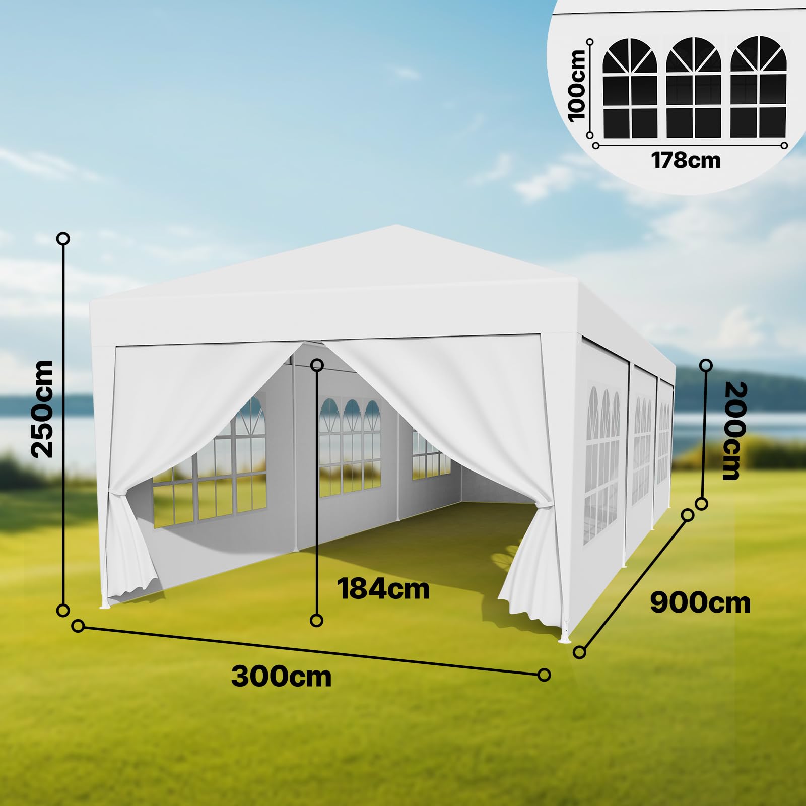 Cenador de jardín resistente al agua, 3 x 9 m, sistema de ranuras estable, varillas de metal, carpa para fiestas, camping, fiestas, lonas de polietileno, con paredes laterales extraíbles, ganchos para