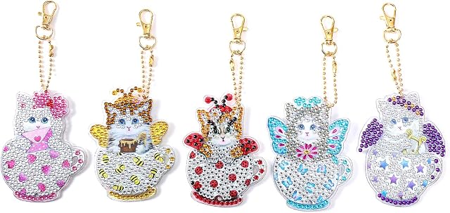 5 Pcs 5D DIY colorful cat Diamond Art Painting Keychains, Double Sided Full Drill Diamond Art Keyrings Pendants, Diamond Rhinestone Mosaic Painting Key Rings Chains Making Kits for Kids Children Gifts