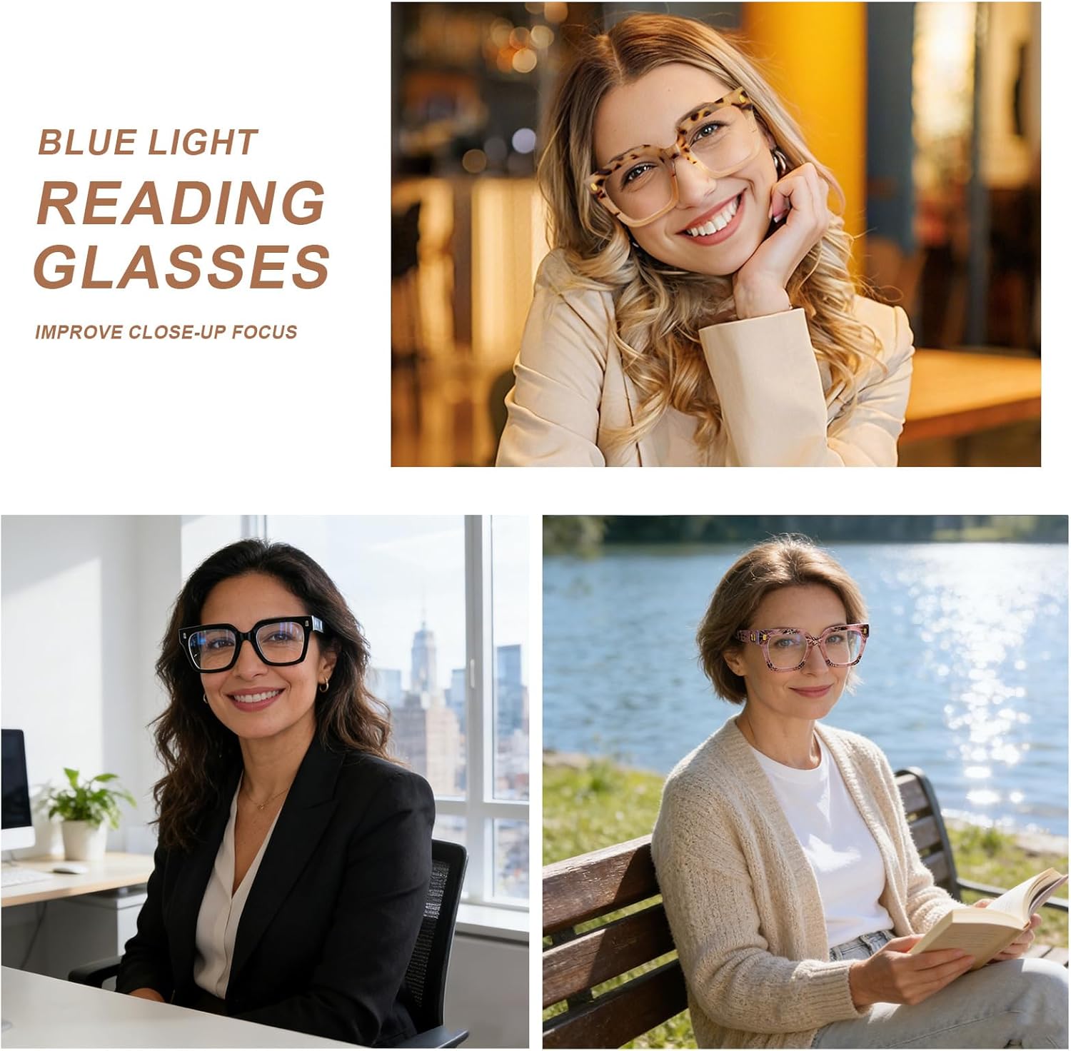 AQWANO Oversized Square Reading Glasses Women Men, Blue Light Blocking Computer Glasses, 3-Pack Fashion Large Readers - Image 2