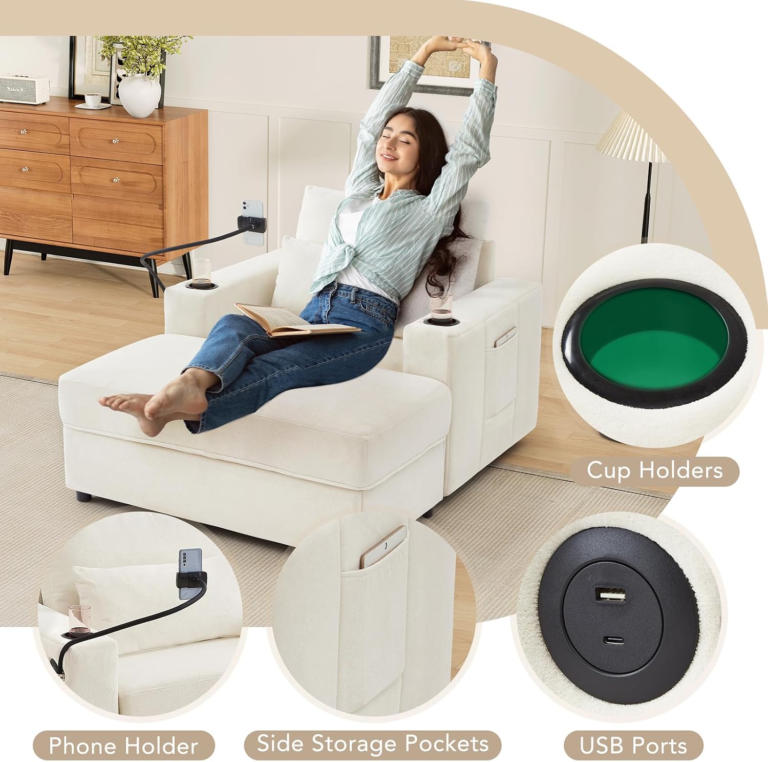 42.5"Convertible Sofa Bed Armchair, 3-in-1 Futon Chair with A Movable Storage Ottoman, Two USB Ports, Sleeper Sofa with Two Cup Holders, A Phone Holder and Side Pockets for Living Room (Beige)