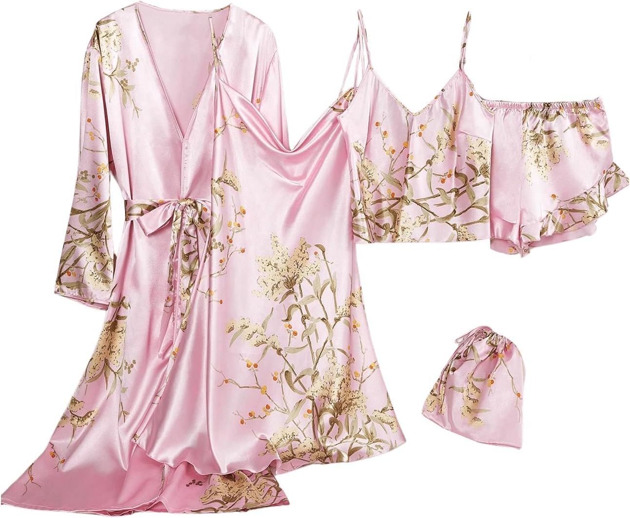 GORGLITTER Women's 5 Piece Floral Print Satin Silk Pajama Set Nightgown Robe Cami Shorts Sleepwear Pj Sets