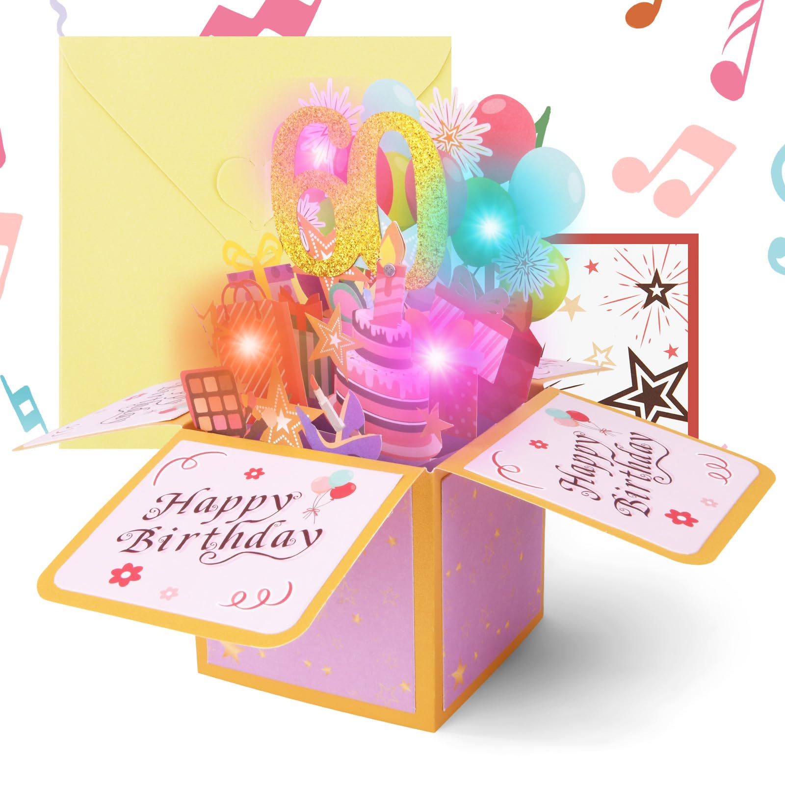 OFFCUP 60th Birthday Card, Light and Music Happy Birthday Card, Pink 3D Greeting Cards Pop Up Gift Box for 60 Years Old Women Wife Mom Grandma Friend Gift Decoration