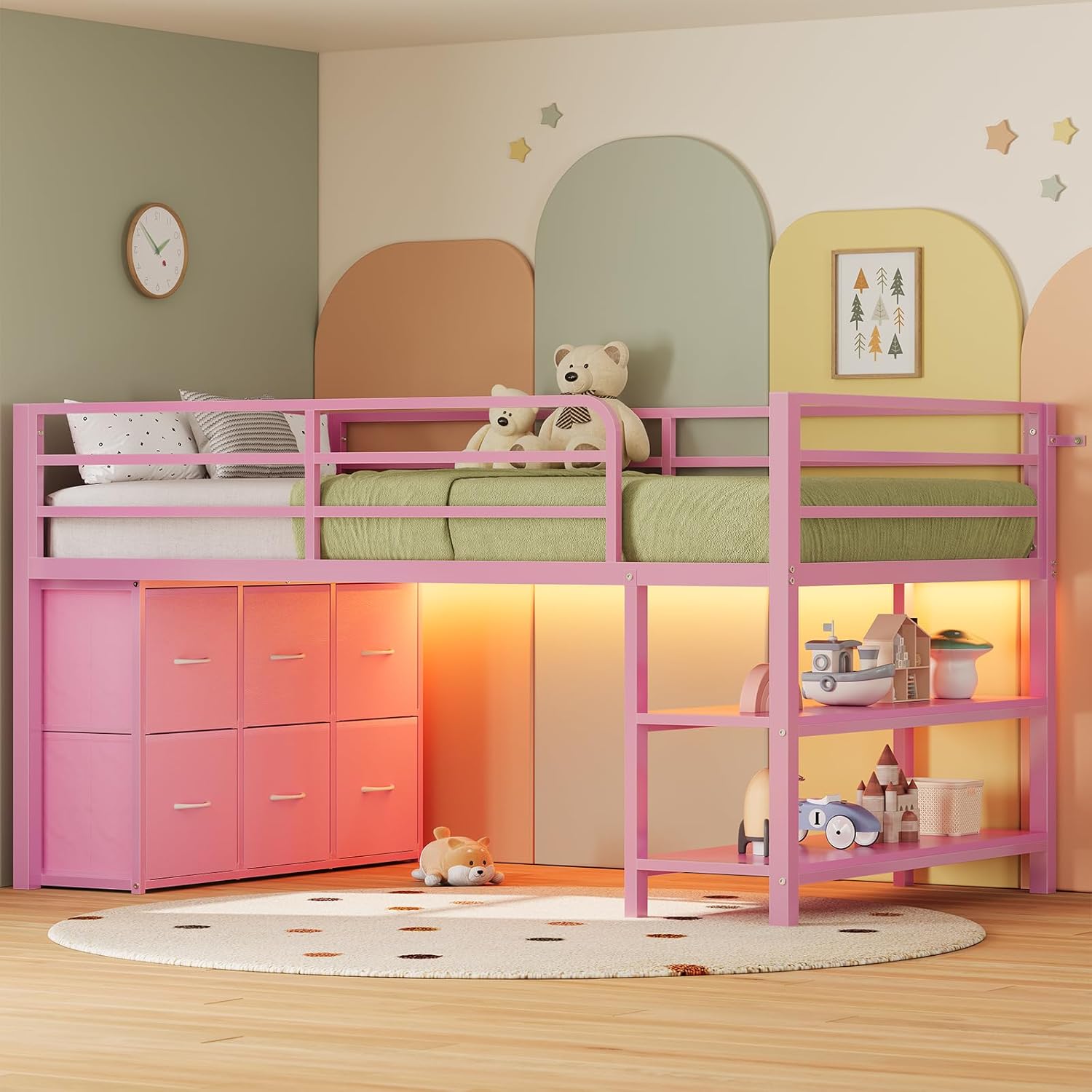 ADORNEVE Low Loft Bed Twin Size with 6 Storage Drawers, Twin Loft Bed with LED Lights, Metal Kids Loft Bed with Open Storage Shelves, Twin Bed Frame with 15" H Safety Guardrail for Kids, Pink