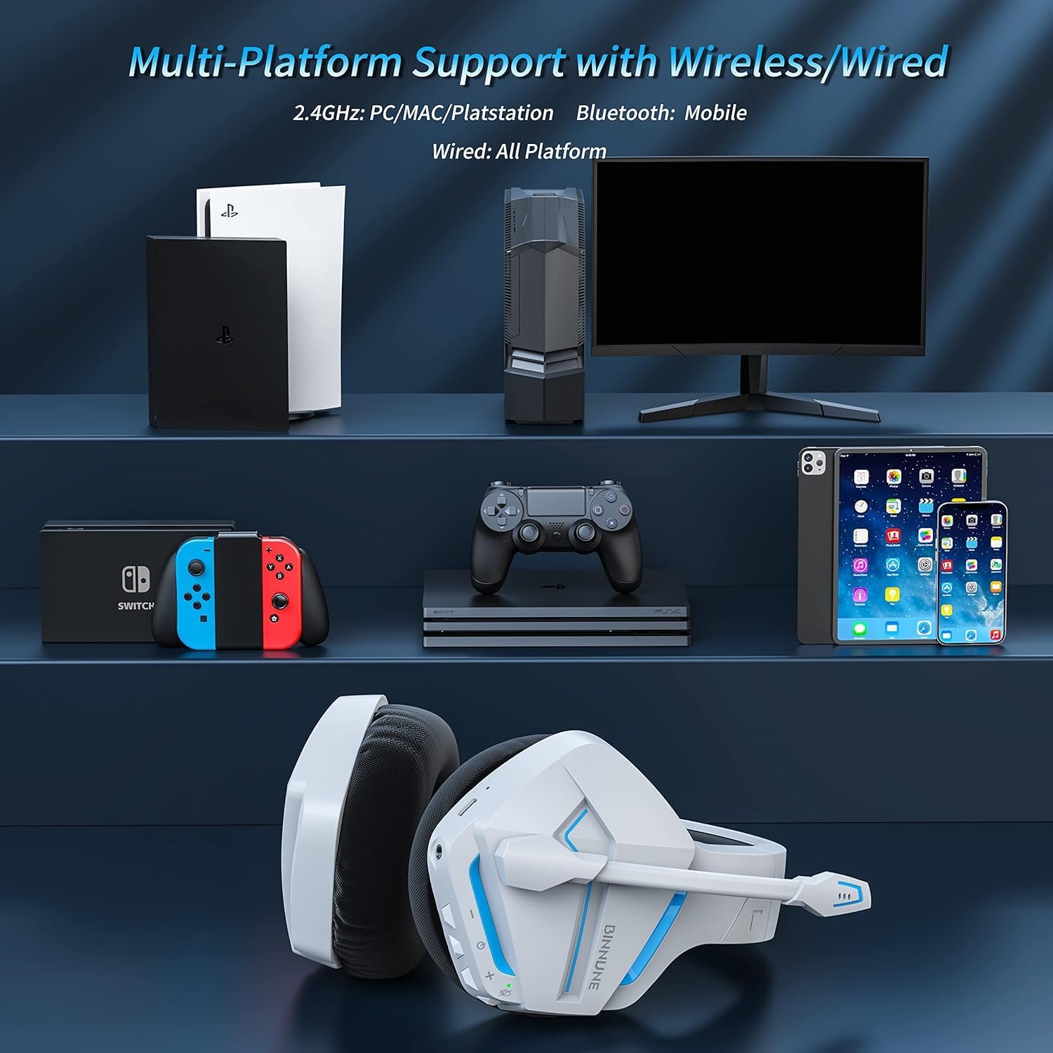 BINNUNE 2.4GHz Wireless Gaming Headset, Bluetooth 5.3 Gaming Headphones with Noise Canceling Mic, 120H Ultra-Long Battery, 50mm Drivers, Multi-Platform for PC / PS5 /PS4/ Switch/Mobile, White 7 71LwXSQy4mL. AC SL1500