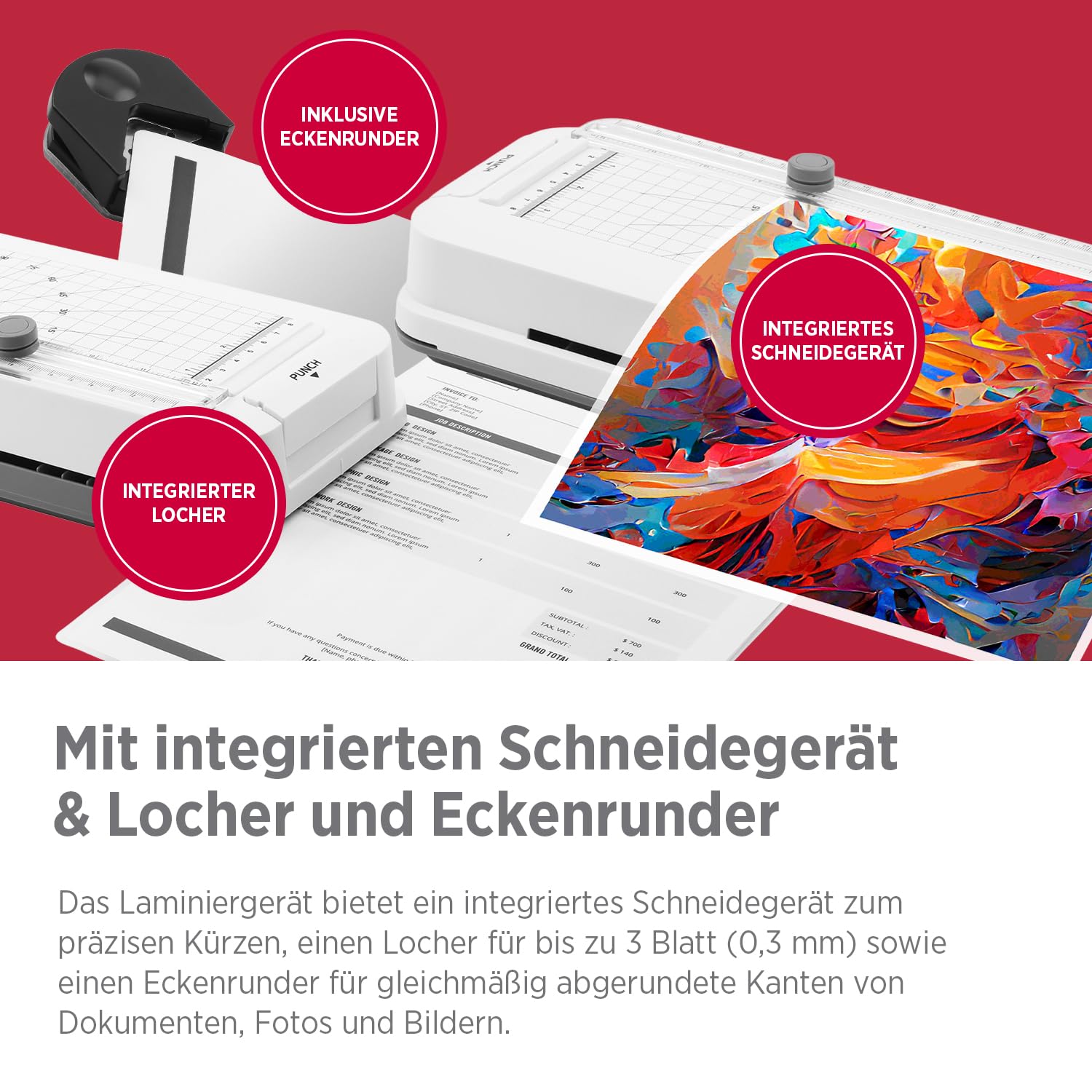 Olympia A260 COMBO Laminiergerät A4 – 4-in-1 Heißlaminator mit Schneidelineal, Locher, Eckenrunder + 5 Laminierfolien | Laminator für DIN A4 Folien 80–125 Micron, Anti-Block-System, Überhitzungsschutz
