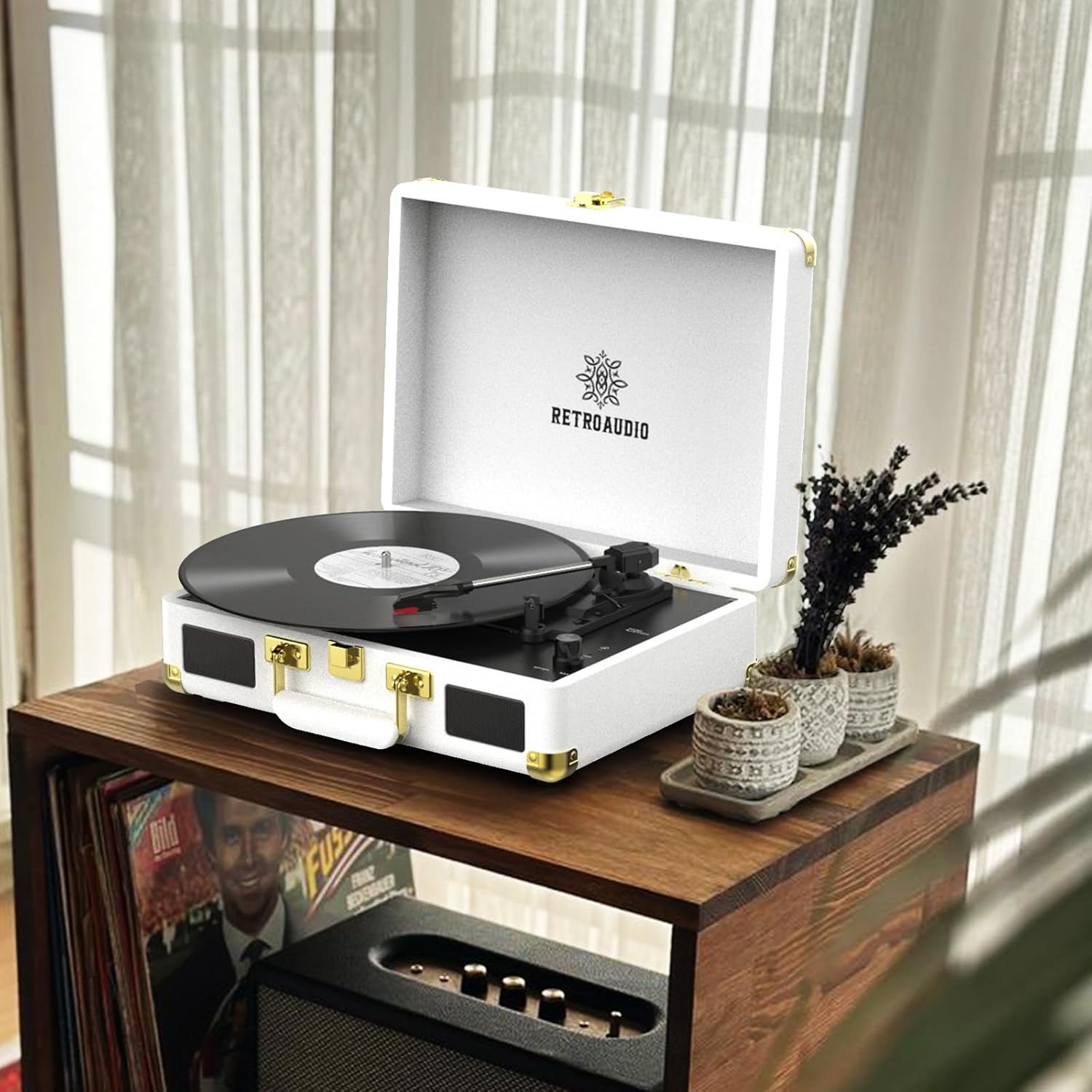 Vinyl Record Player 3-Speed Bluetooth Portable Suitcase Belt-Driven Record Player with 2 Built-in Stereo Speakers Vinyl Vintage Turntable Phonograph Records Player with RCA Line Out, AUX Out (White)