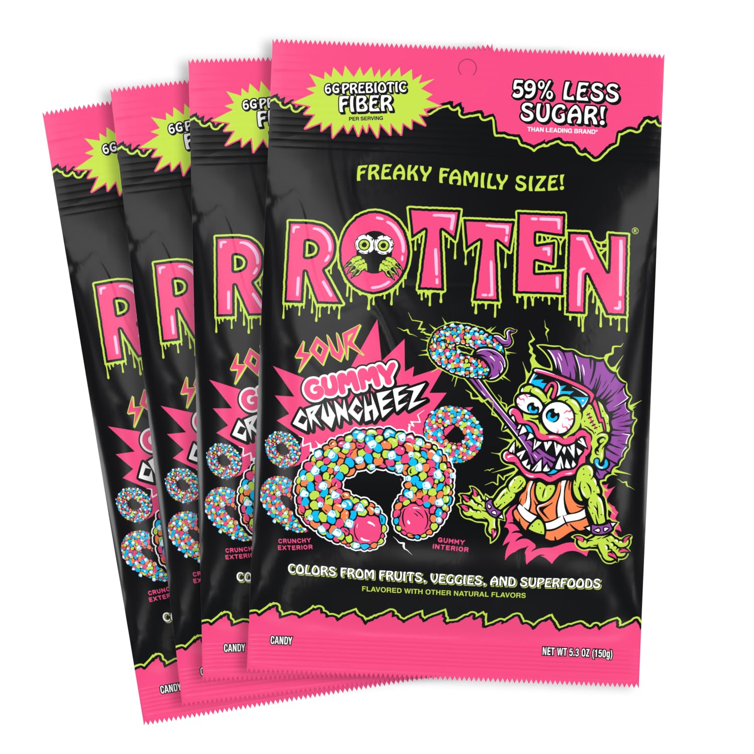 Rotten Sour Gummy Cruncheez - Low Sugar, Low Calorie, 5g Gut-Friendly Prebiotic Fiber, Gluten Free Candy, No Artificial Dyes - 5.3 oz Share Pack [4 Pack]