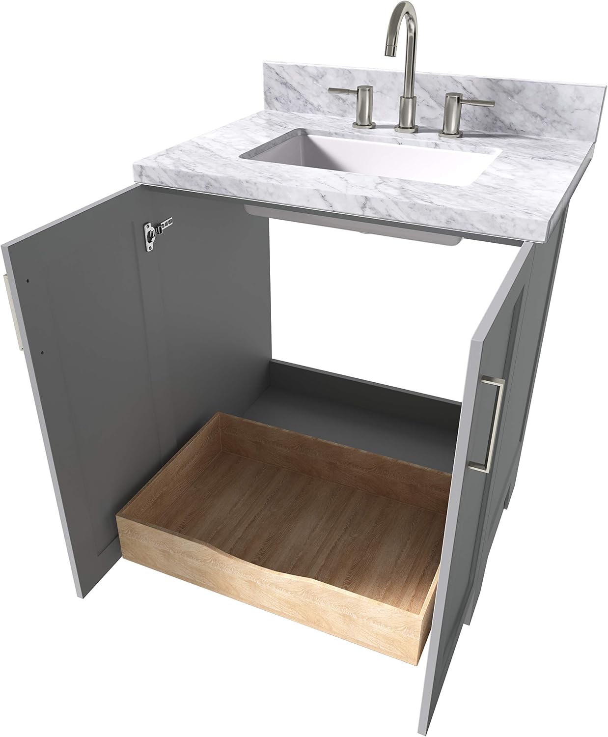 ARIEL Taylor 30-inch Bathroom Vanity with Sink,Solid Wood, 1.5-inch Italian Carrara Marble Countertop & Backsplash, Single Rectangular Porcelain Sink, 2 Soft Closing Doors, 1 Dovetail Drawers, Grey