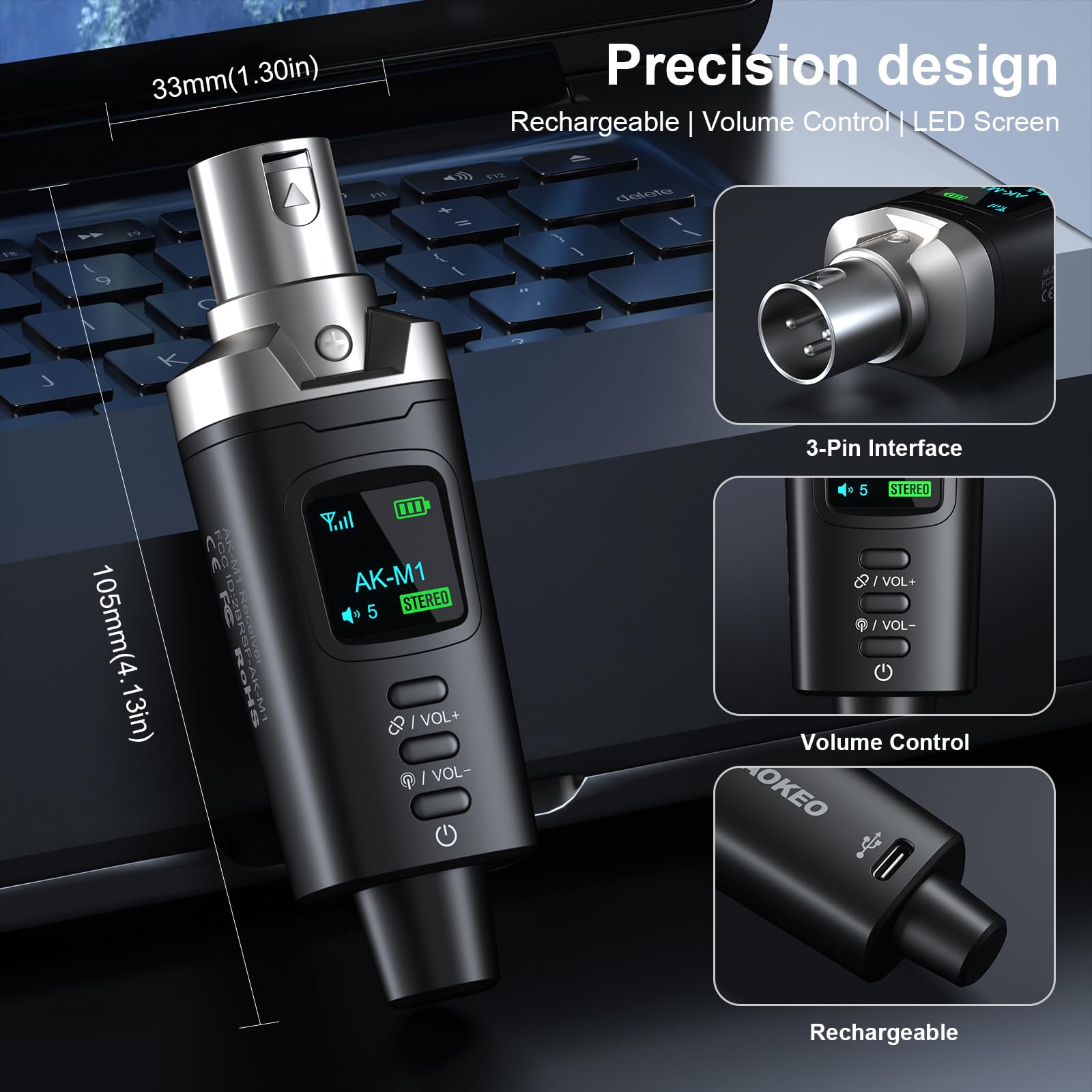Aokeo Ricevitore Bluetooth XLR, adattatore Bluetooth wireless ad alta fedeltà per altoparlanti, sistemi PA, mixer, apparecchiature DJ