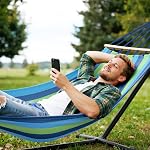 MOSFiATA Hammocks Portable Camping Hammock Upgraded 550lb Comfortable Fabric Hammock with Two Anti Roll Balance Beam and Sturdy Tree Straps for Camping, Patio, Backyard, Outdoor (Blue Green)