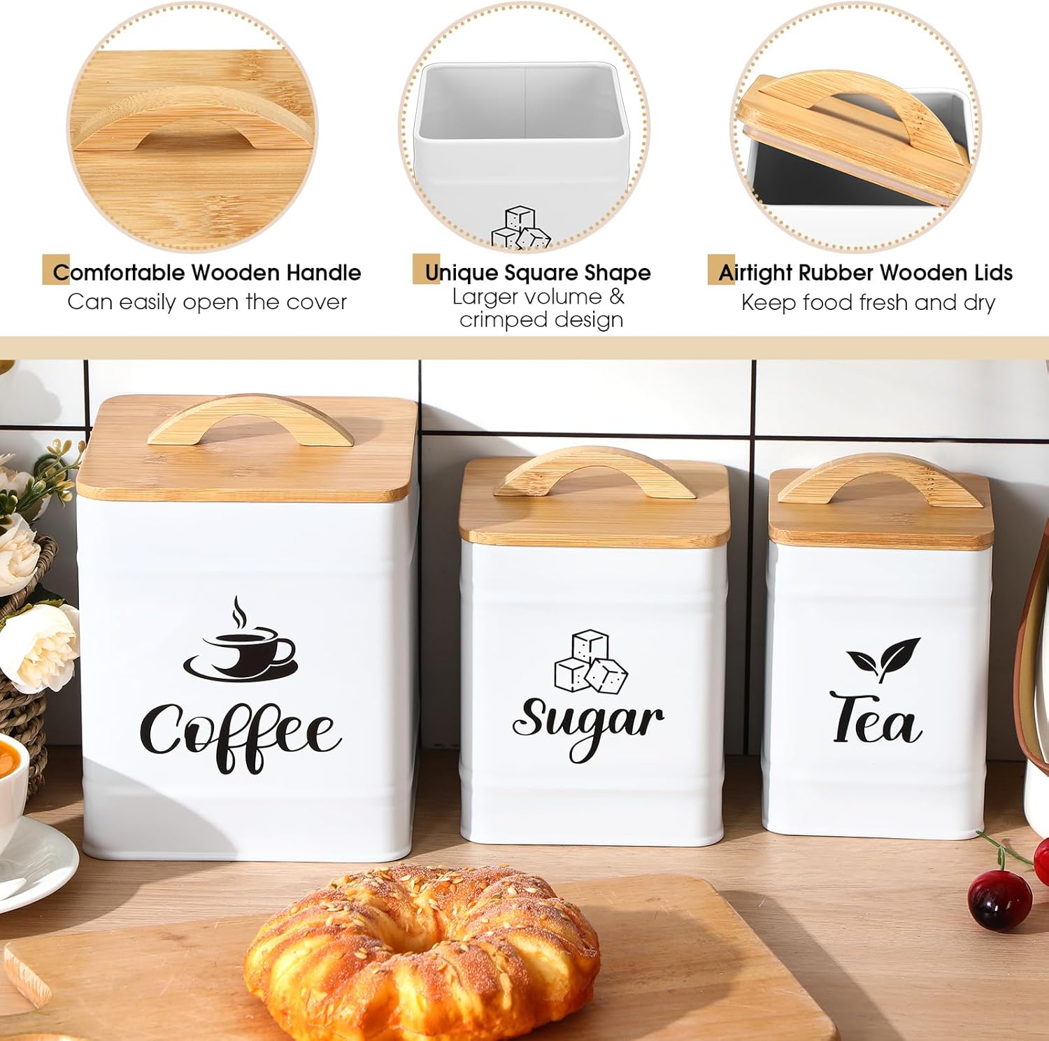 Maxdot 3 Set Coffee Sugar Tea Containers, Square Airtight Kitchen Canisters Storage Ground Organization with Bamboo Lids Rustic Metal Jars for Coffee Bar Beans, Tea Leaves, Food, Countertop(Cream)
