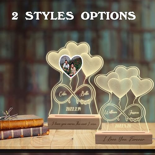 Miniatura 3 de Hodmec Luz nocturna personalizada de ilusión 3D con base de madera lámpara de corazón personalizada con texto de imagen luz nocturna LED acrílica