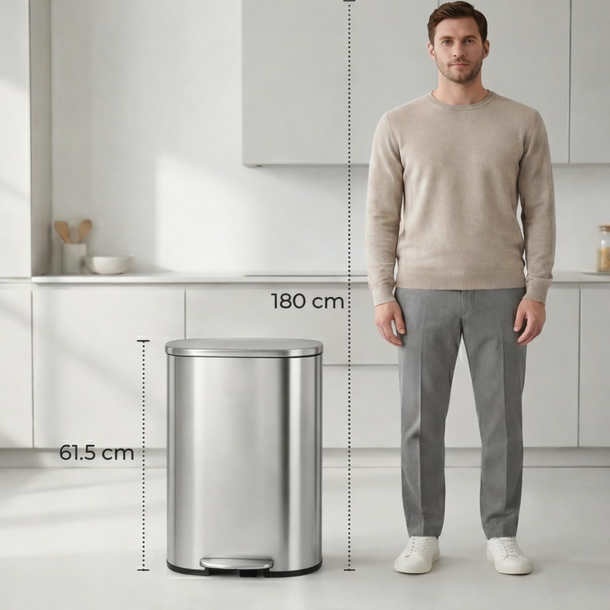 Bayt Mülleimer 50L Treteimer, Abfalleimer Edelstahl mit Deckel & Soft-Close, Rechteckiger Küchenmülleimer mit Inneneimer, Fingerprintproof Müllbehälter, Silber