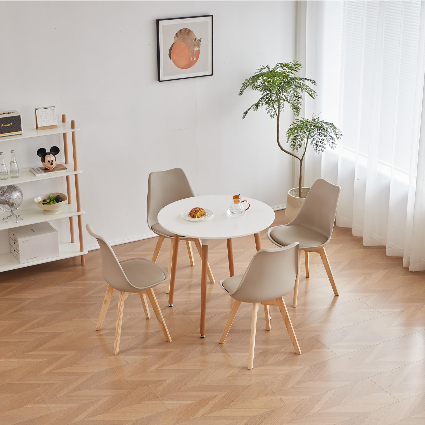 Juego de 4 sillas de Comedor, sillas escandinavas, Patas de Madera Maciza, diseño nórdico ergonómico, Ideal para Comedor, salón, Cocina, Dormitorio (Caqui)