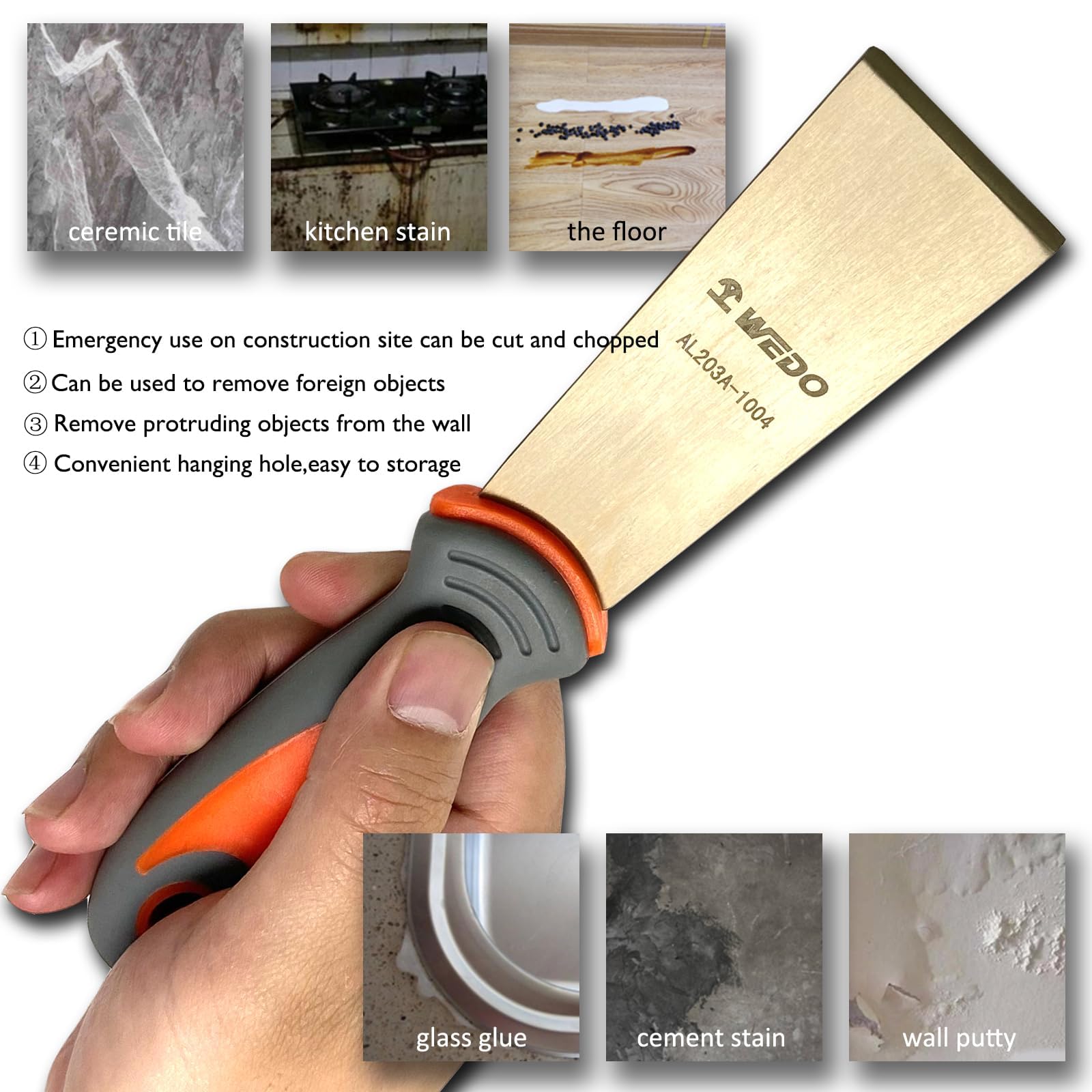 WEDO Espátula, espátula de pintor, cuchillo de relleno, cuchillo de masilla de 40 mm, Stiff Spark-free Safety Scraper Painter, DIN Standard, certificado BAM y FM, bronce de aluminio, 203 mm de